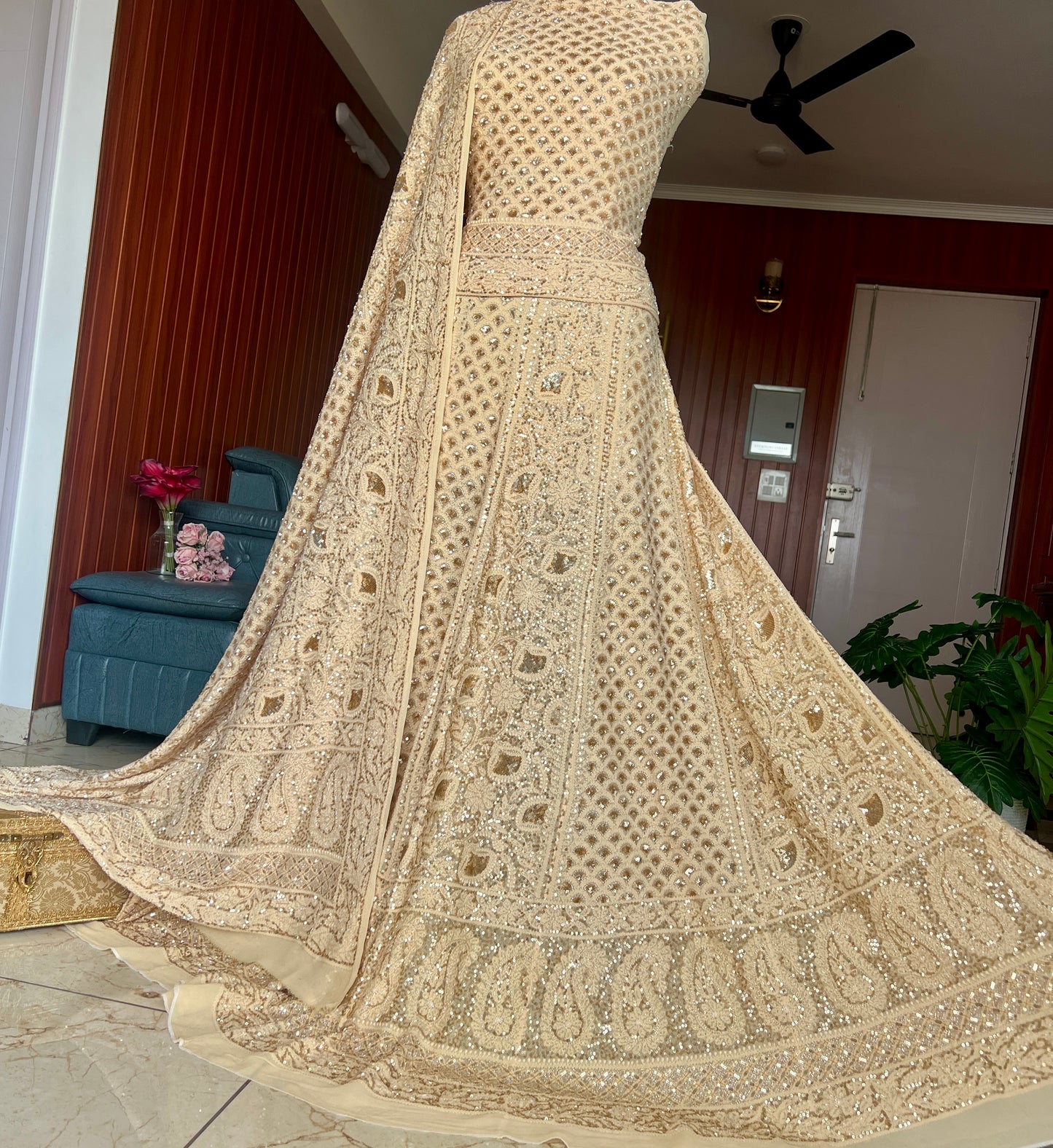 Masterpiece Ruhani Golden Beige Chikankari Sequins Wedding Lehenga