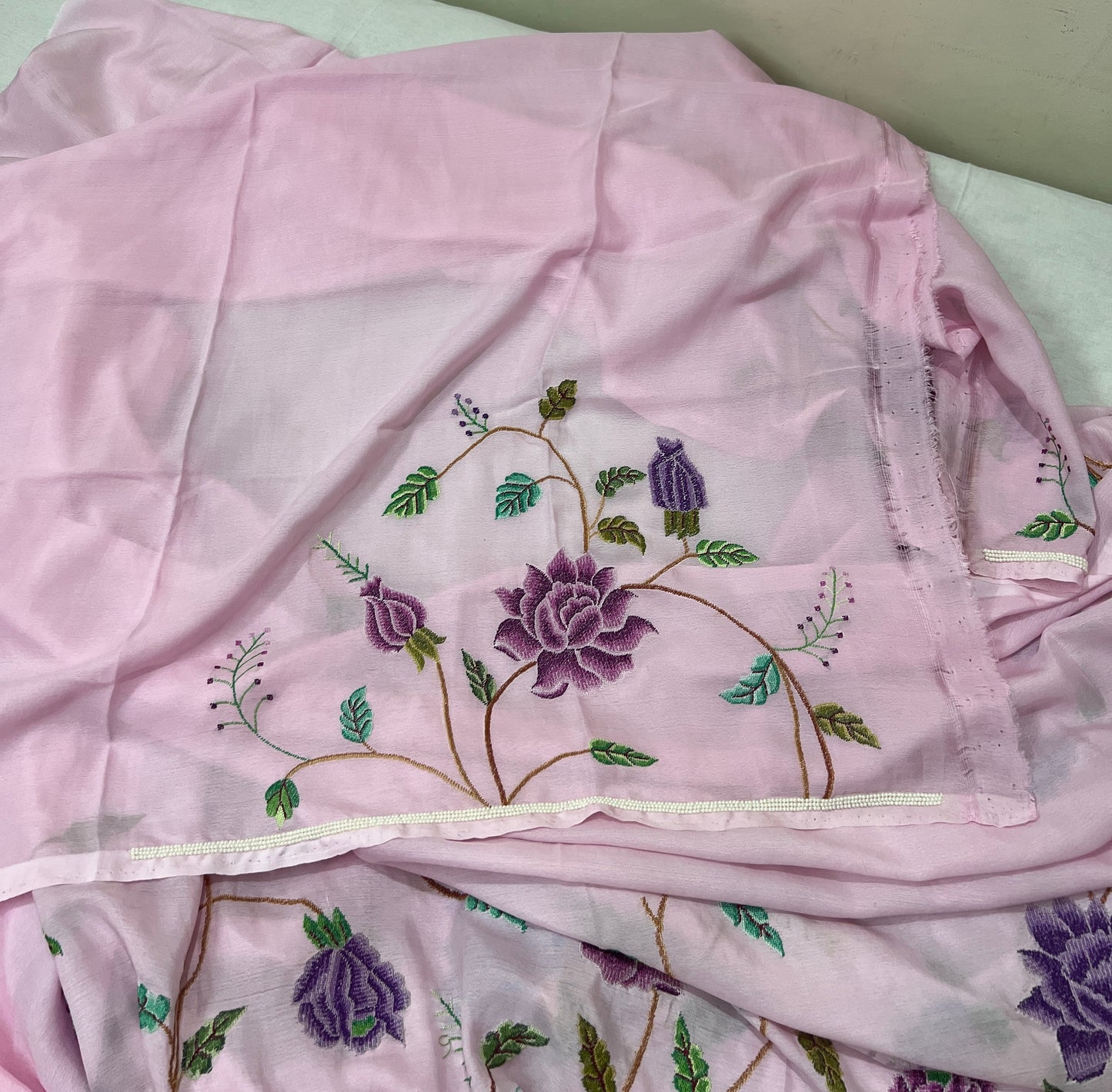 Lilac Pink Masterpiece Petit Point Hand Embroidered Saree