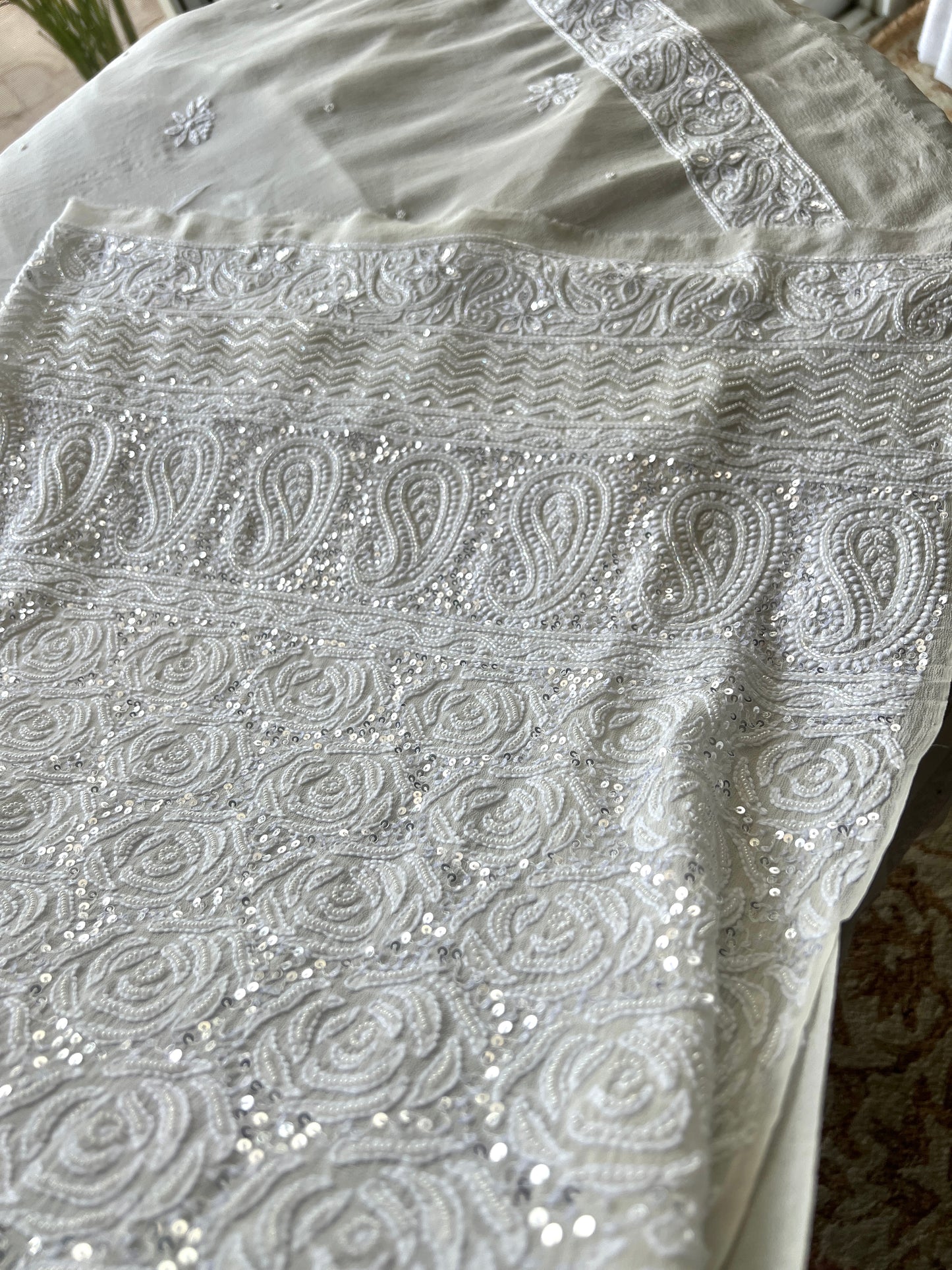 White fine Chikankari Pearl and sequins Embroidered Kurta and Dupatta