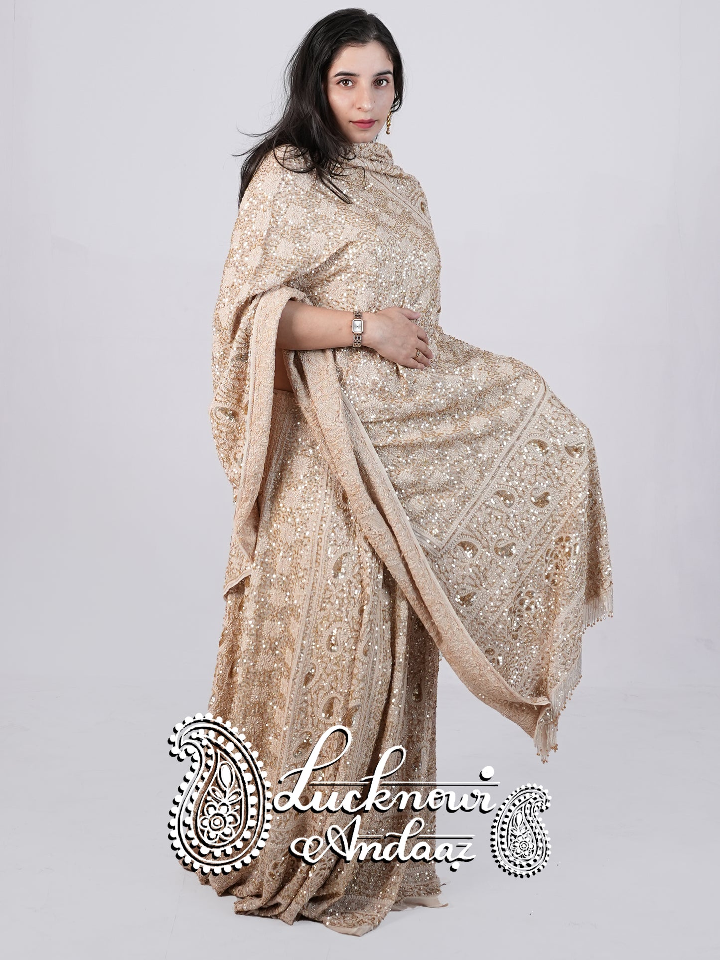 Masterpiece Ruhani Champagne Chikankari Sequins Wedding Lehenga