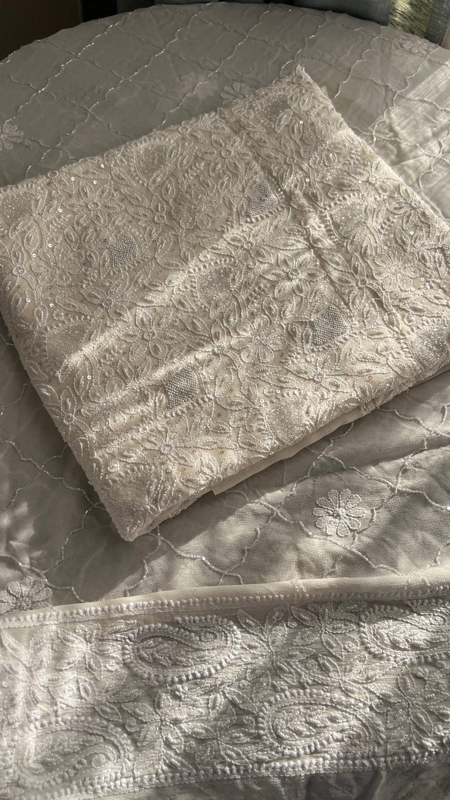 Ivory Chikankari pearl sequins cut Dana work kurta and dupatta