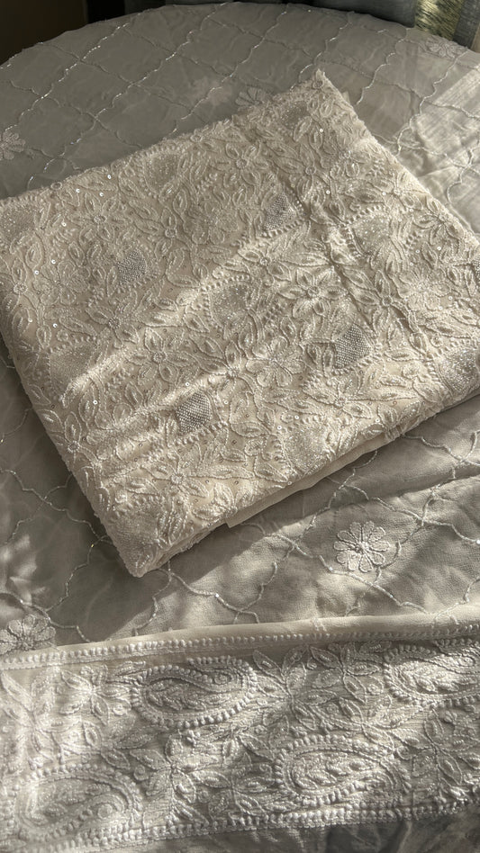 Ivory Chikankari pearl sequins cut Dana work kurta and dupatta