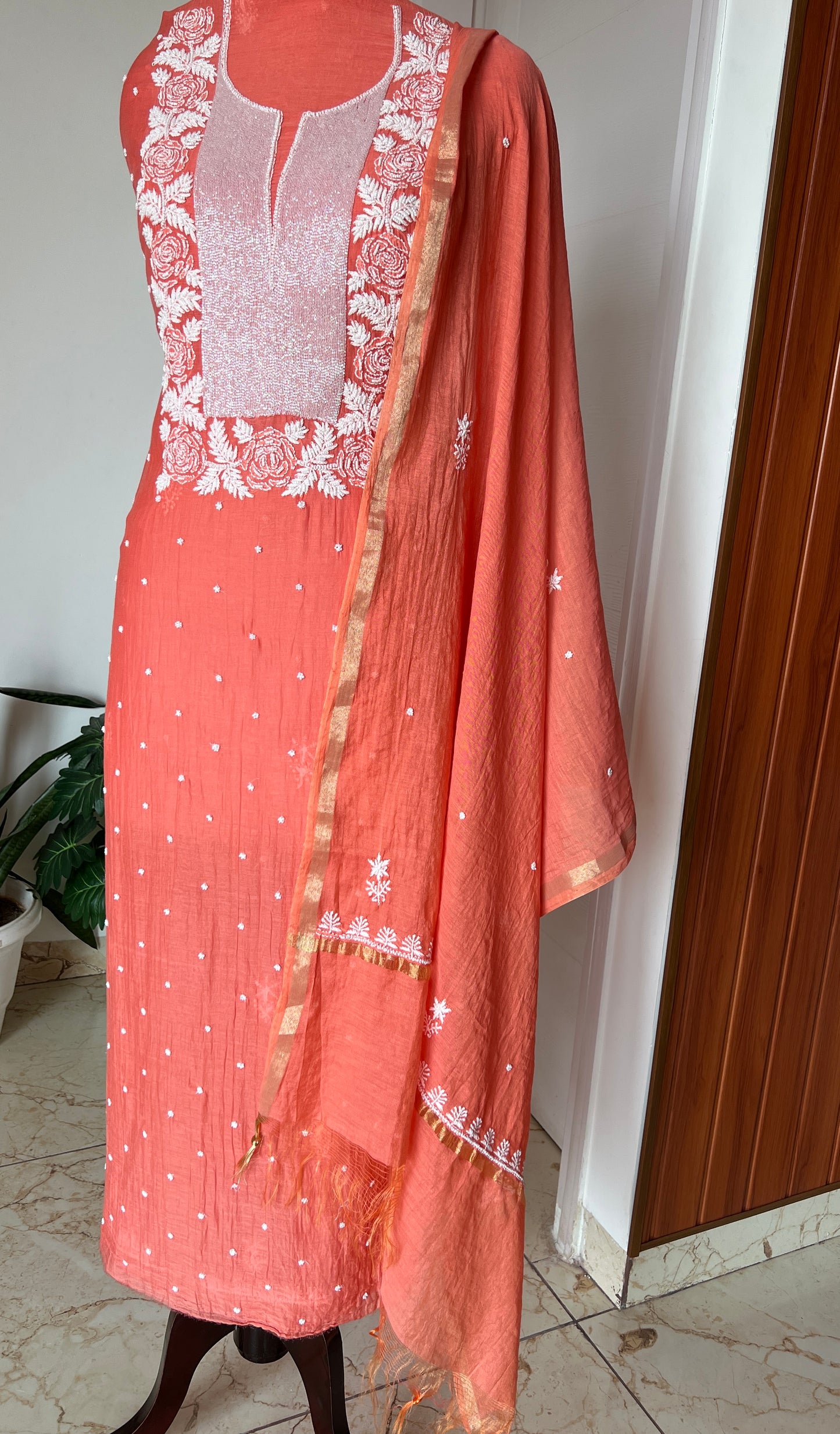 Coral orange pearl and sequins Kurta and Dupatta