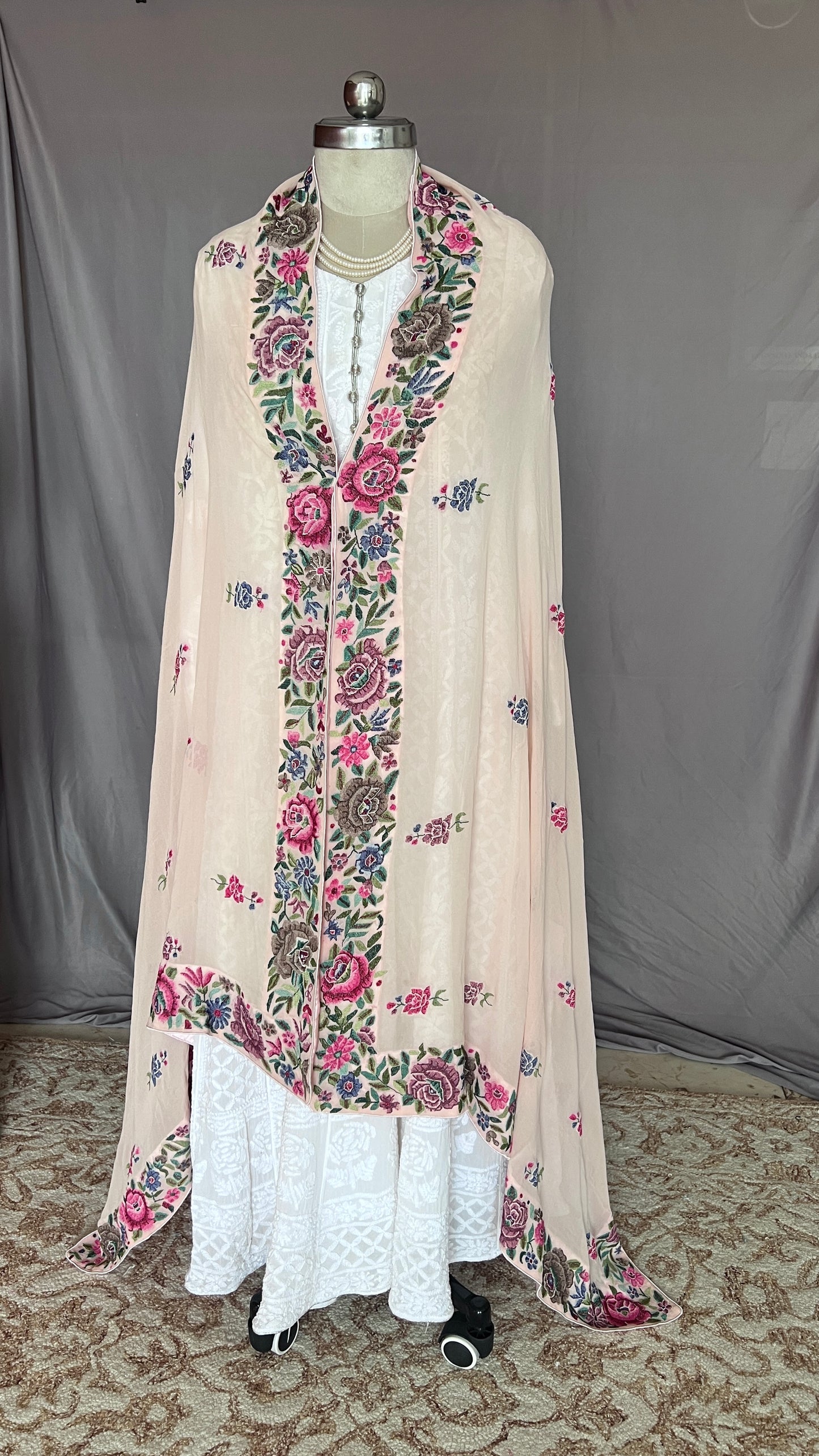 Powder pink Pure Georgette Dupatta With Petit point Hand Embroidery