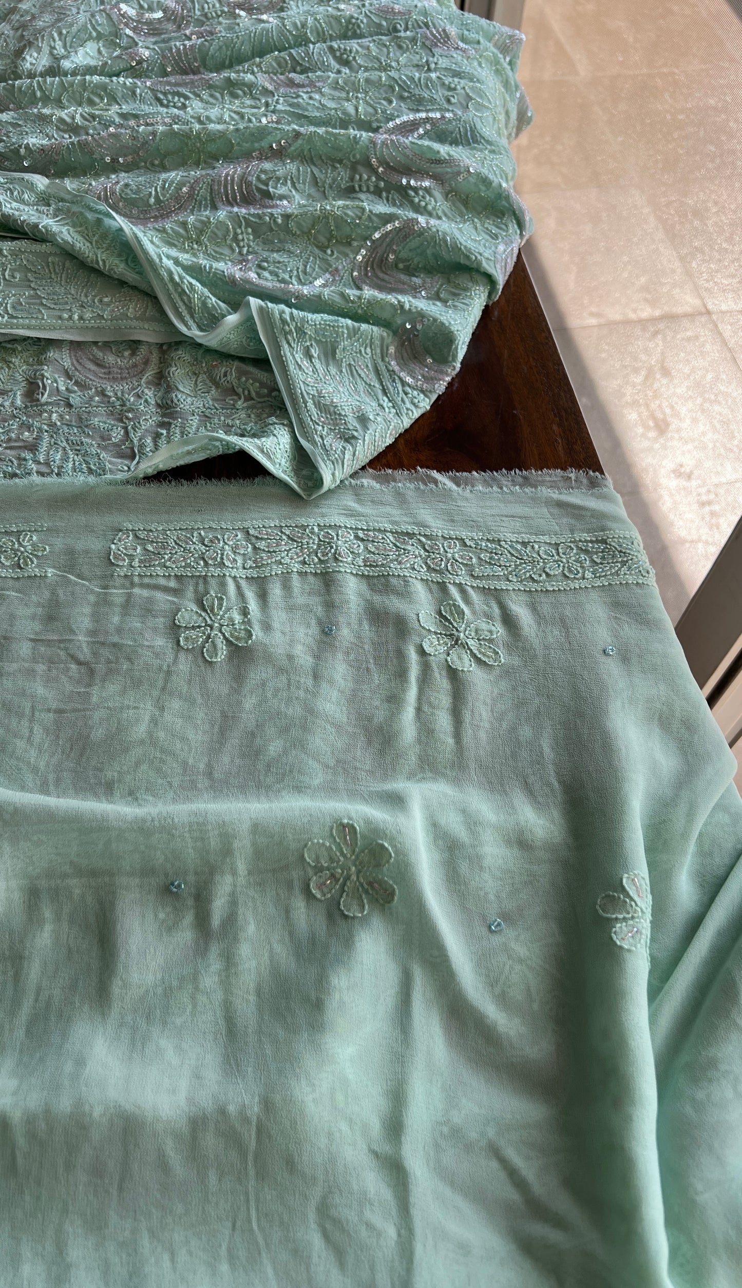 Mint Green Chikankari multi cut Dana and Sequins work Kurta with Jaal Dupatta