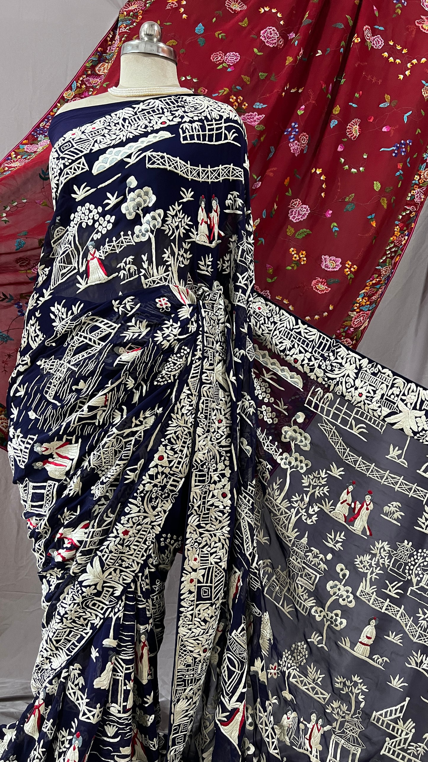 Navy Blue Masterpiece Chinese pattern Parsi Gara Pure Georgette Saree