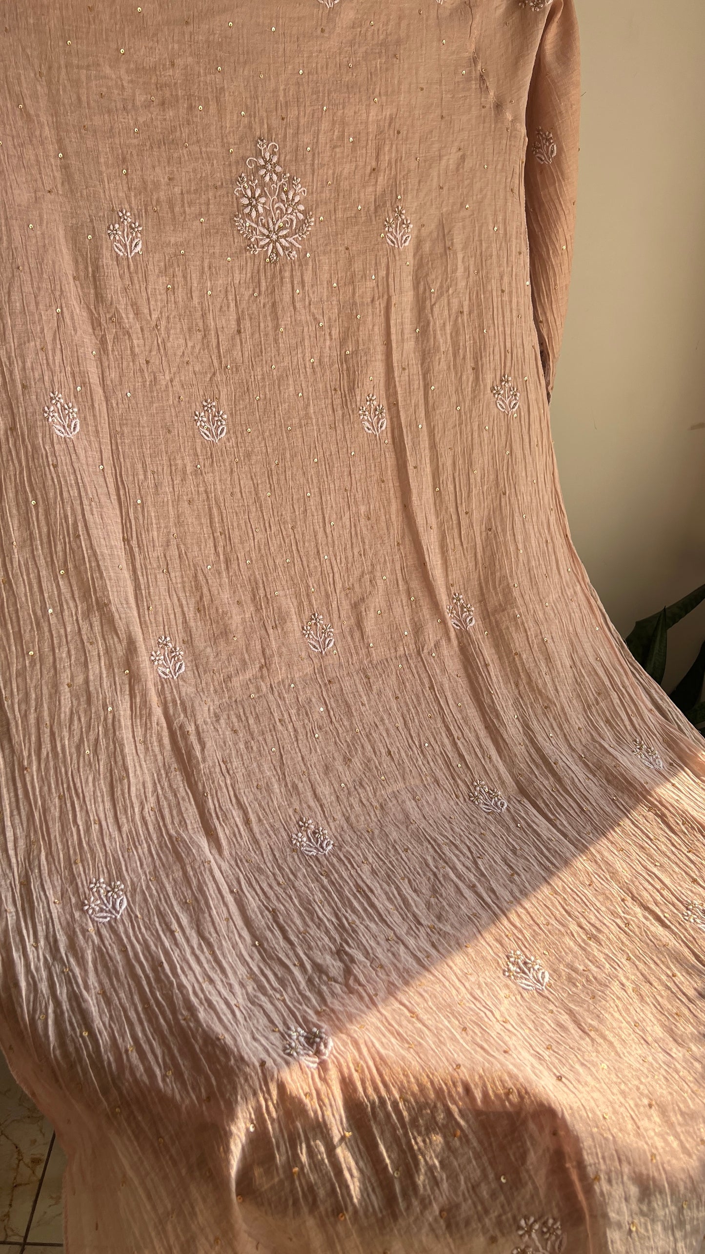 Tissue Silk Chikankari golden cut dana sequins kurta and dupatta