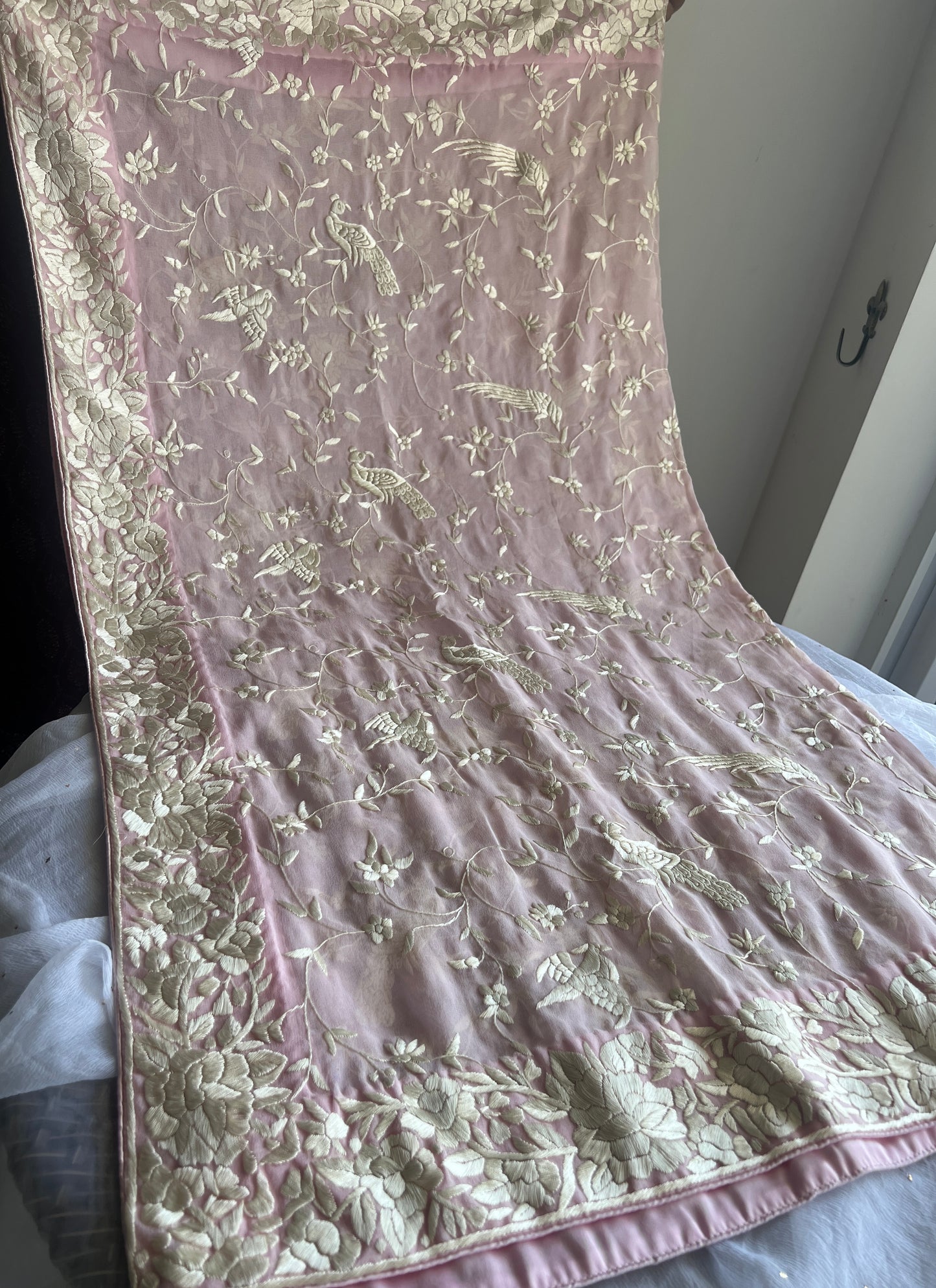 Light Pink Parsi Gara Hand Embroidered Dupatta