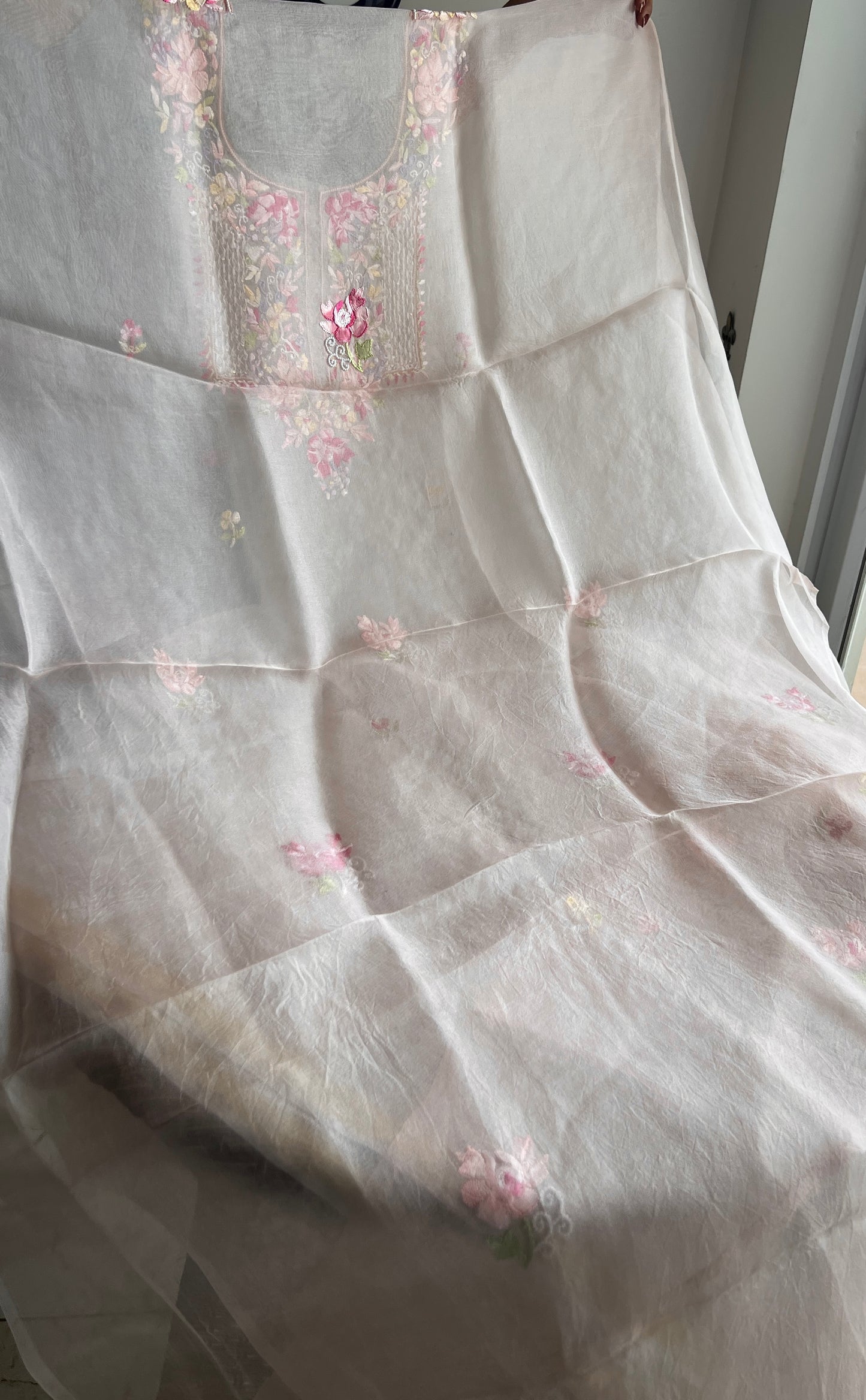 Nude pink Resham Chikankari pure Organza kurta with dupatta