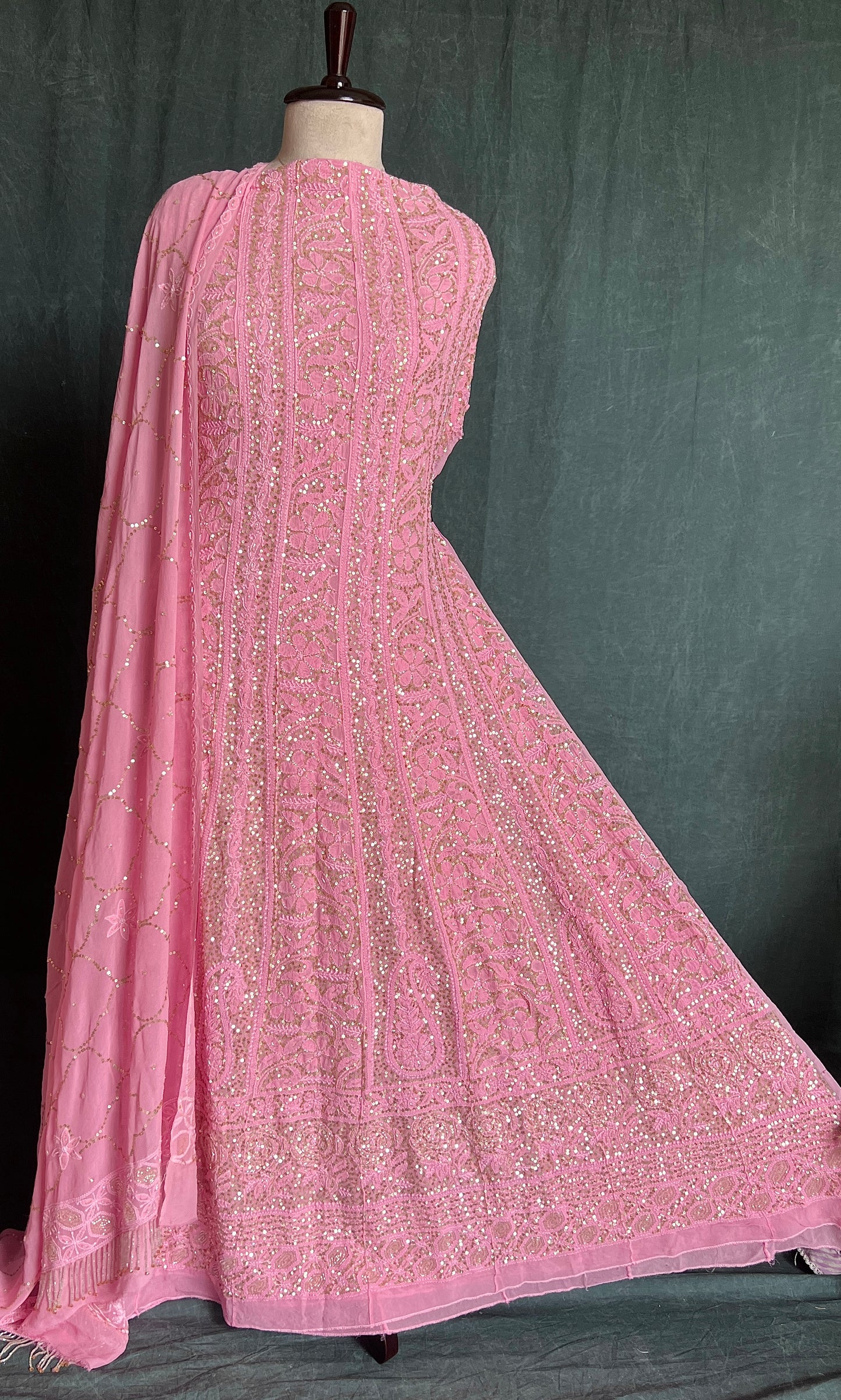 Ruhani Rose Pink Chikankari sequins cut Dana Anarkali