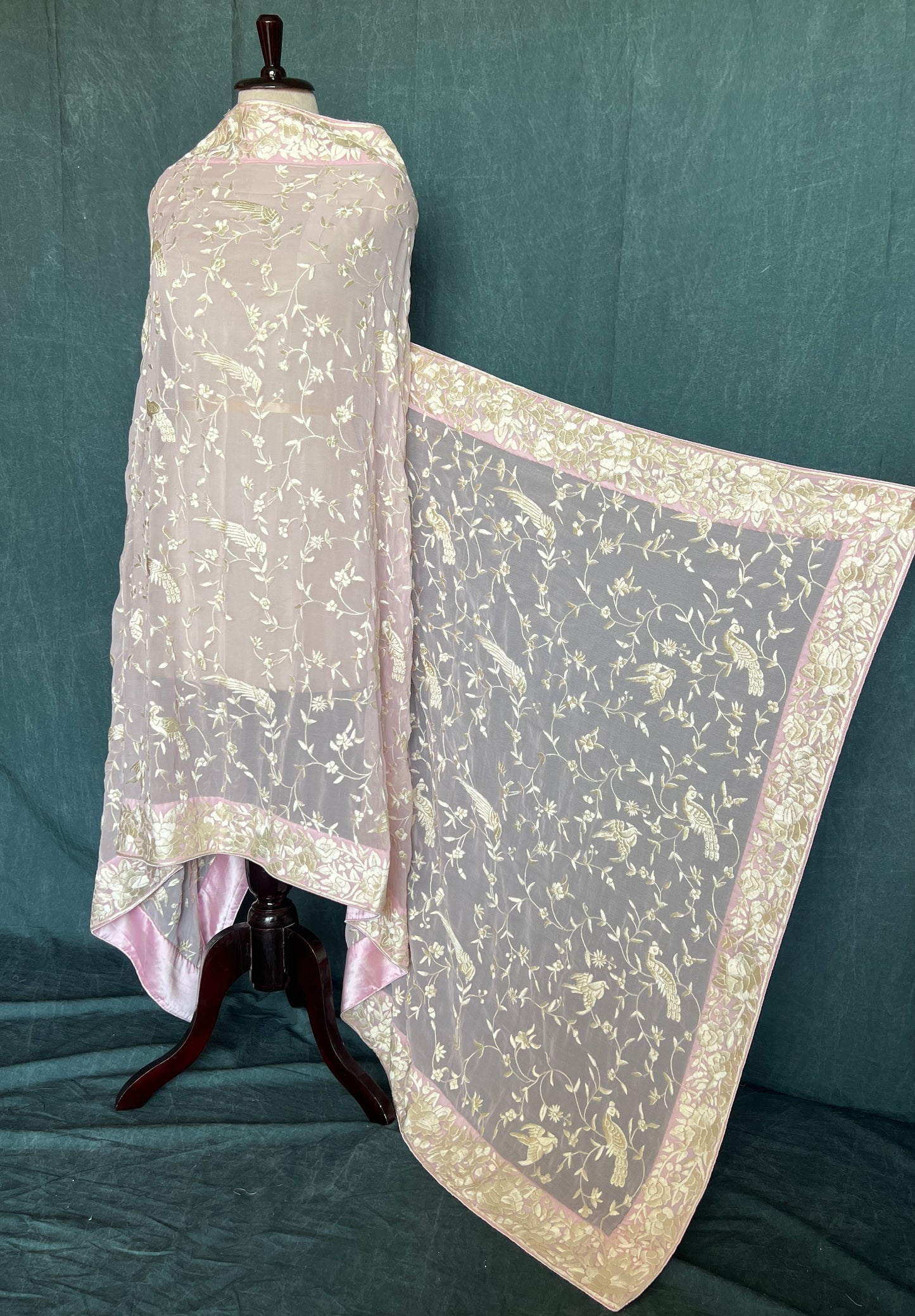 Light Pink Parsi Gara Hand Embroidered Dupatta