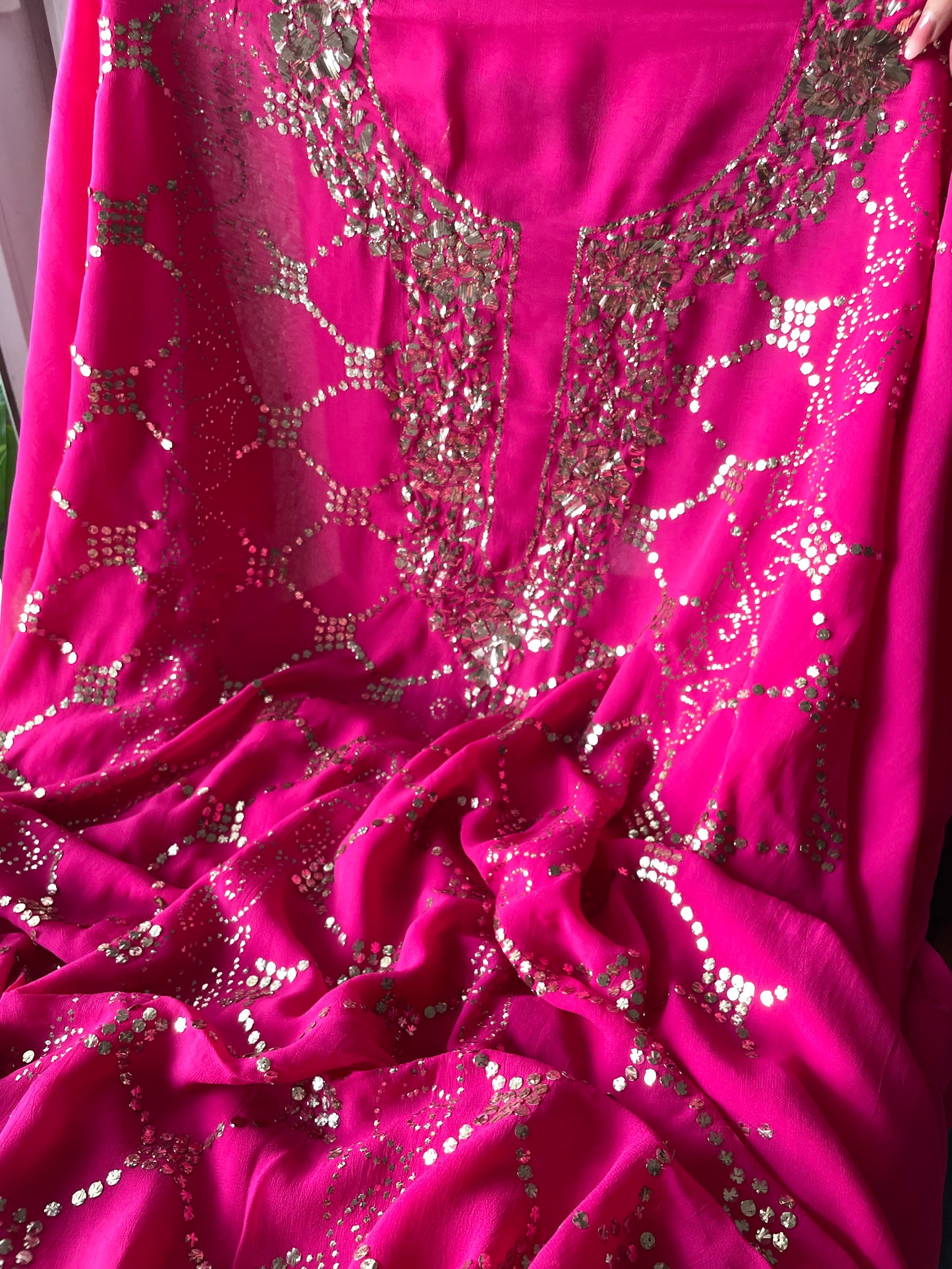 Hot Pink badla and mukaish work Kurta and Dupatta
