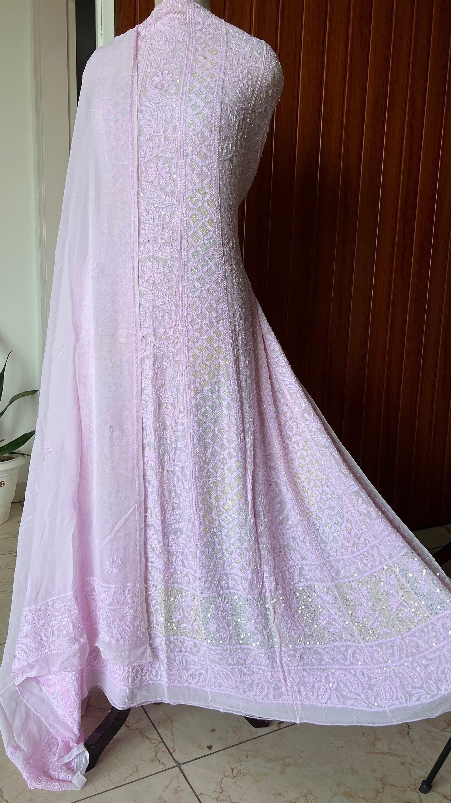 Light pink Chikankari and multi Cut Dana Embroidered Anarkali with Dupatta