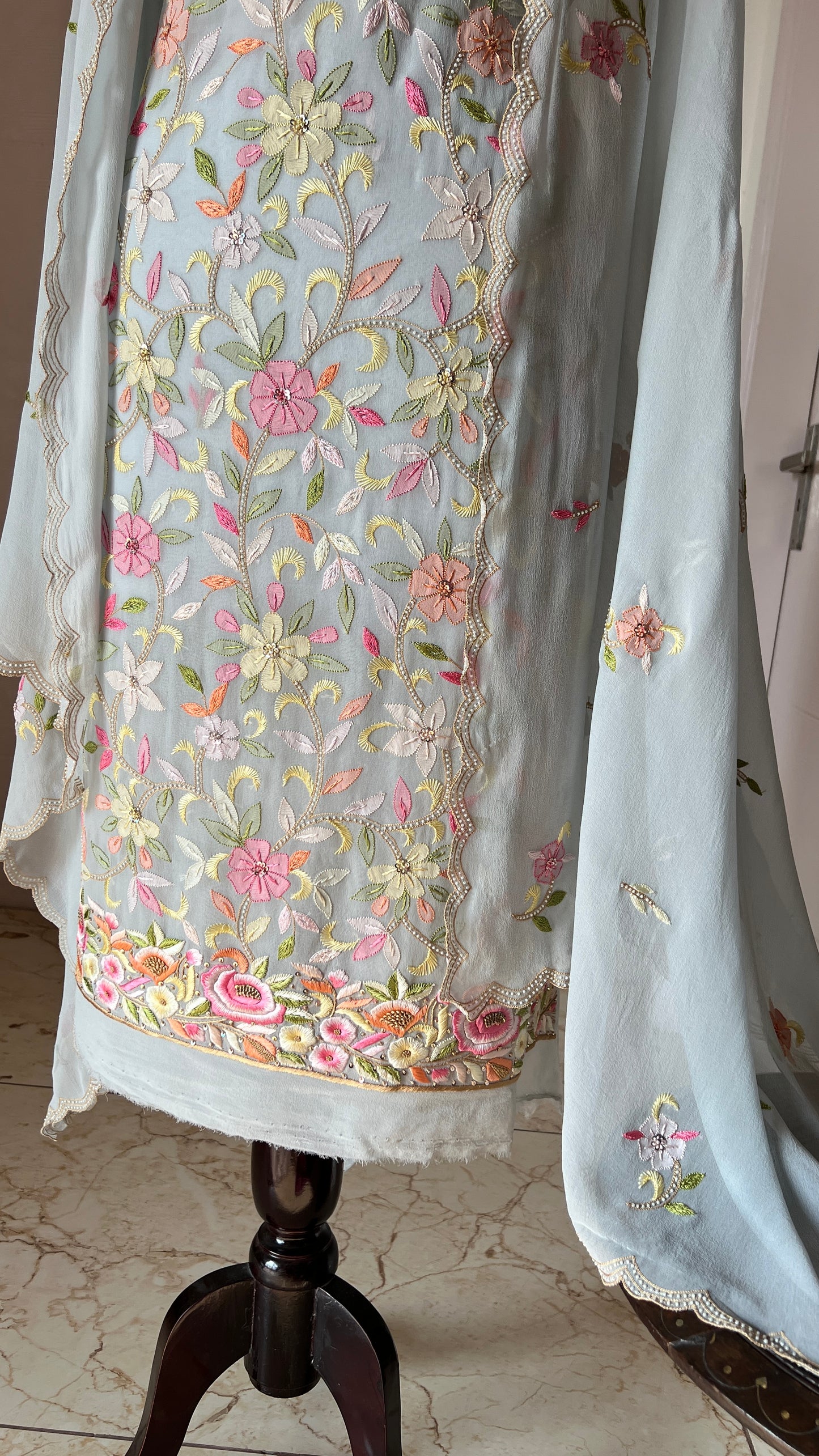 Ice Mint Resham Chikankari Parsi Gara and pearl work suit