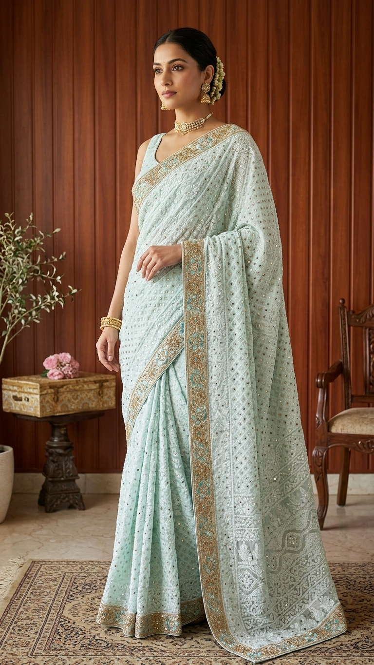 Ruhani Firozi Chikankari and Mukaish Saree with designer border