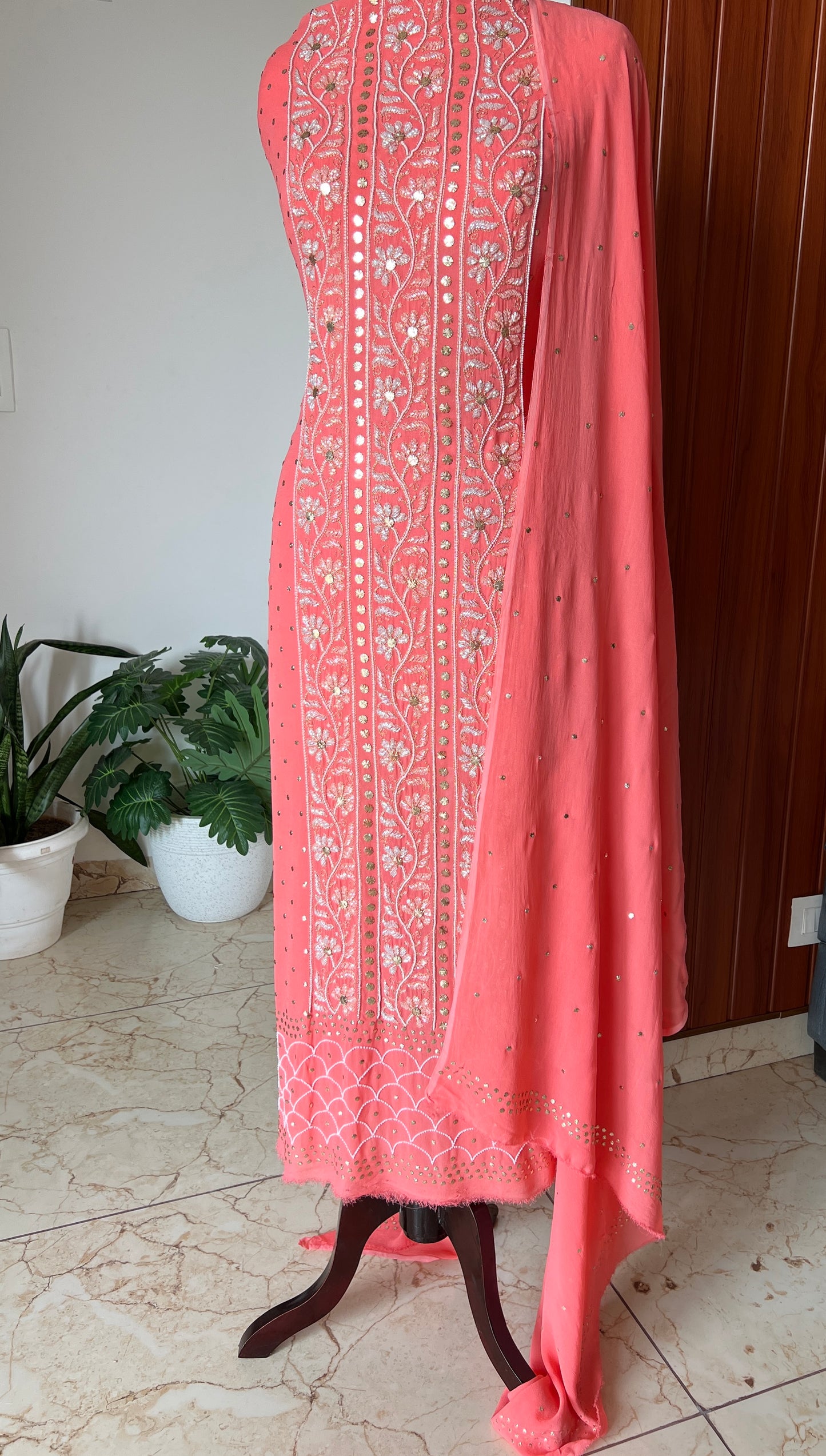 Coral peach mukaish pearl and cut Dana work Kurta and Dupatta