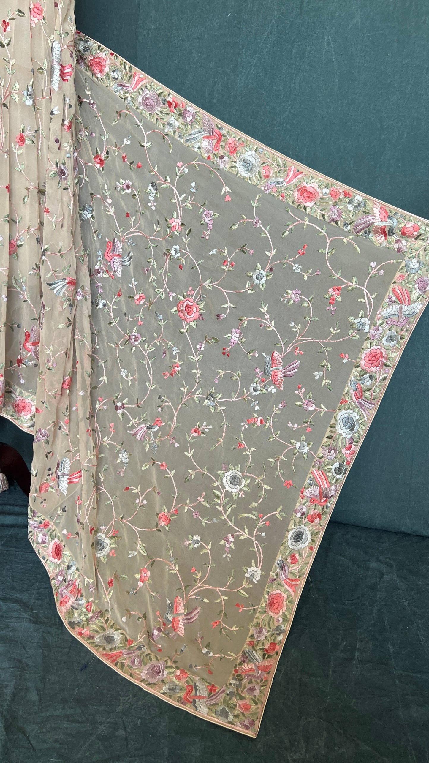 Beige Parsi Gara Hand Embroidered Dupatta