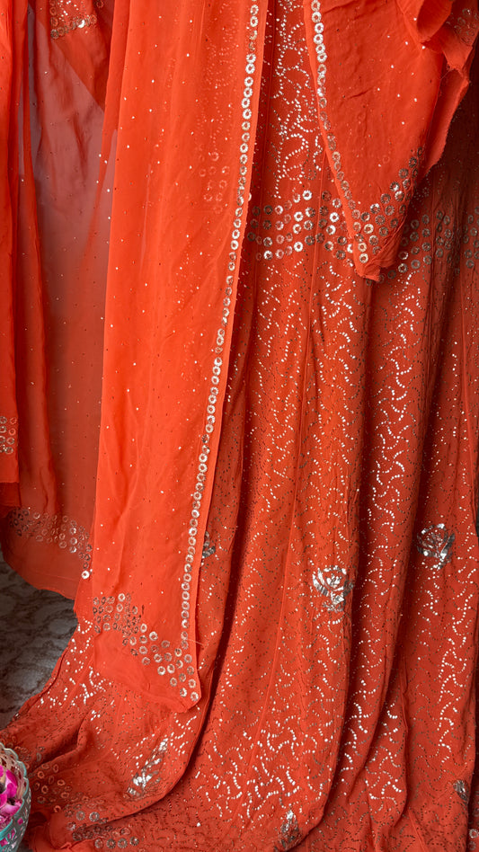 Orange Allover Heavy Mukaish Georgette Anarkali with Dupatta