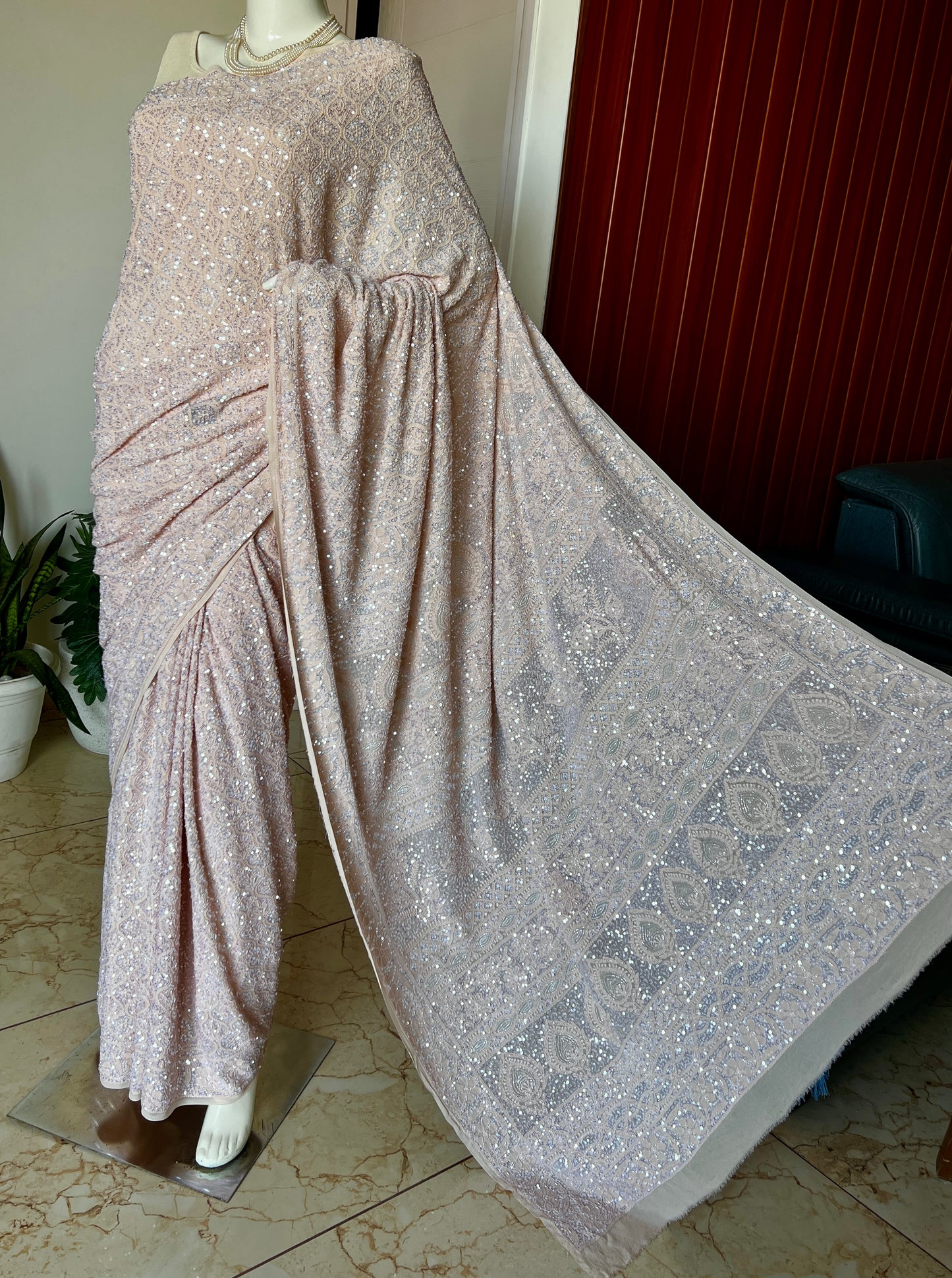 Ruhani Beige Chikankari Sequins Cut Dana Embroidered Masterpiece Saree