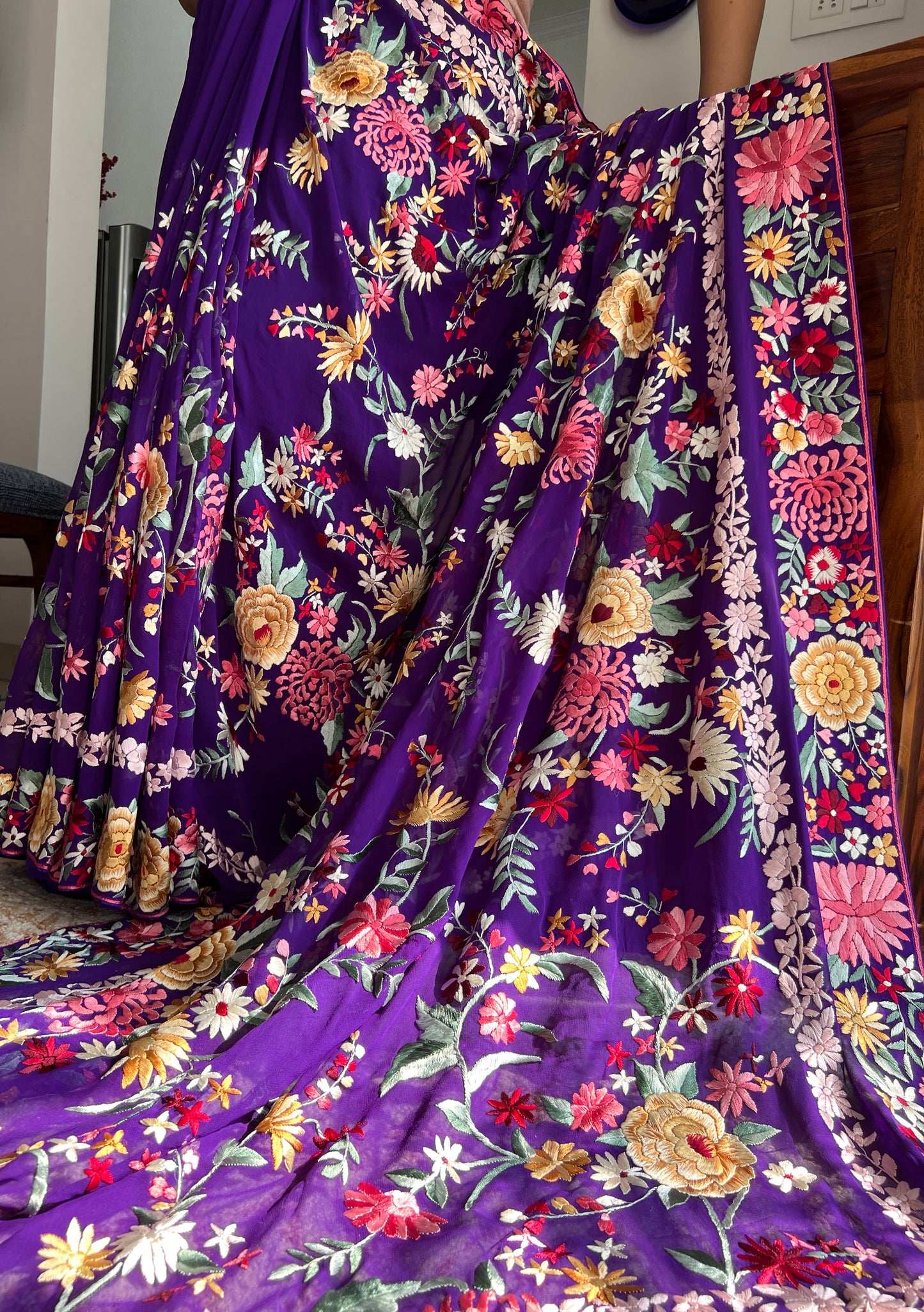 Aubergine purple floral Masterpiece Parsi Gara Pure Georgette Saree