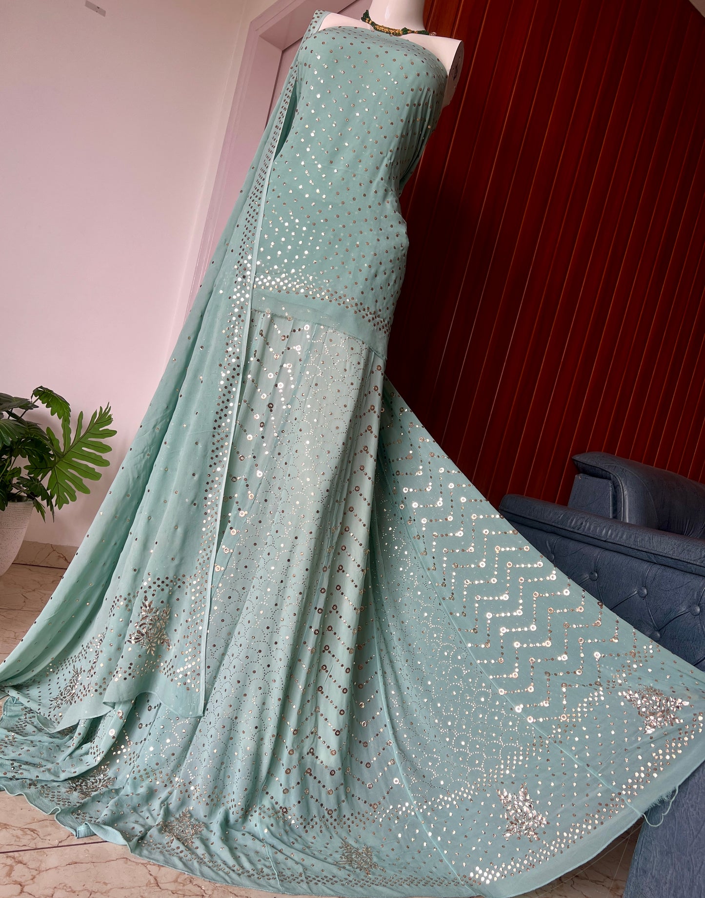 Ruhani Sage Green Allover Mukaish Lehenga Set