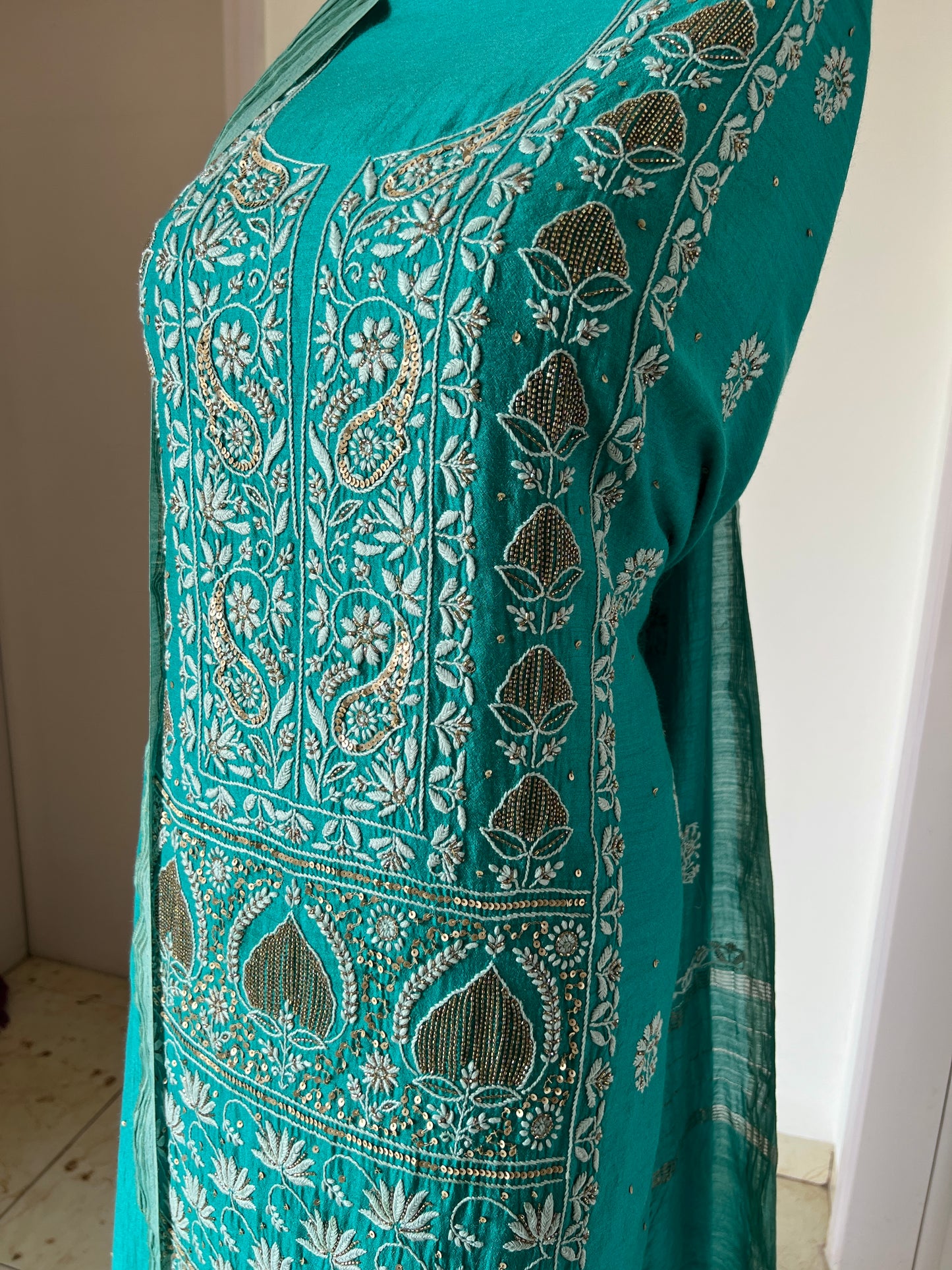 Moonga Silk Chikankari golden cut dana sequins kurta and dupatta