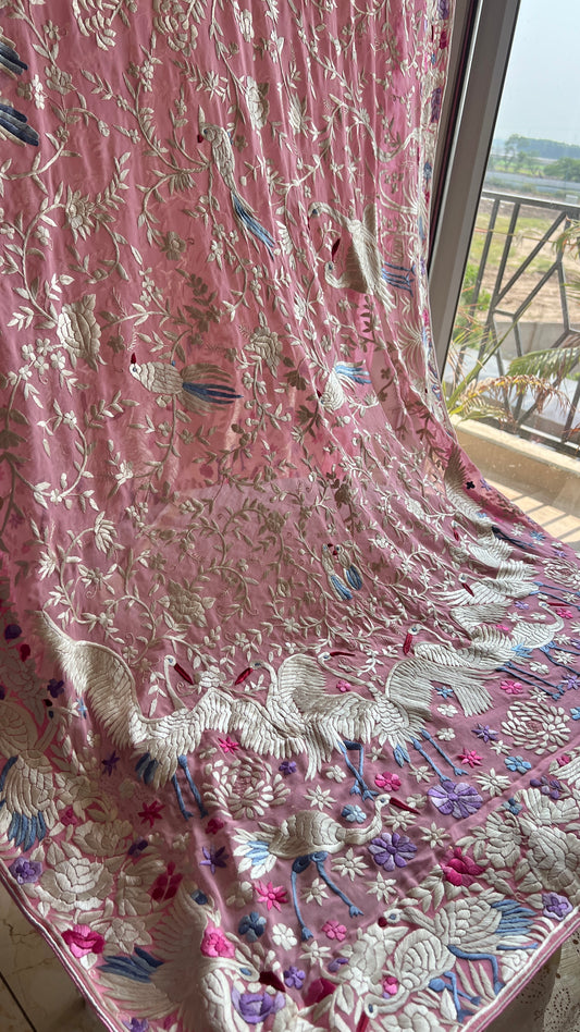 Pink Parsi Gara Hand Embroidered Dupatta
