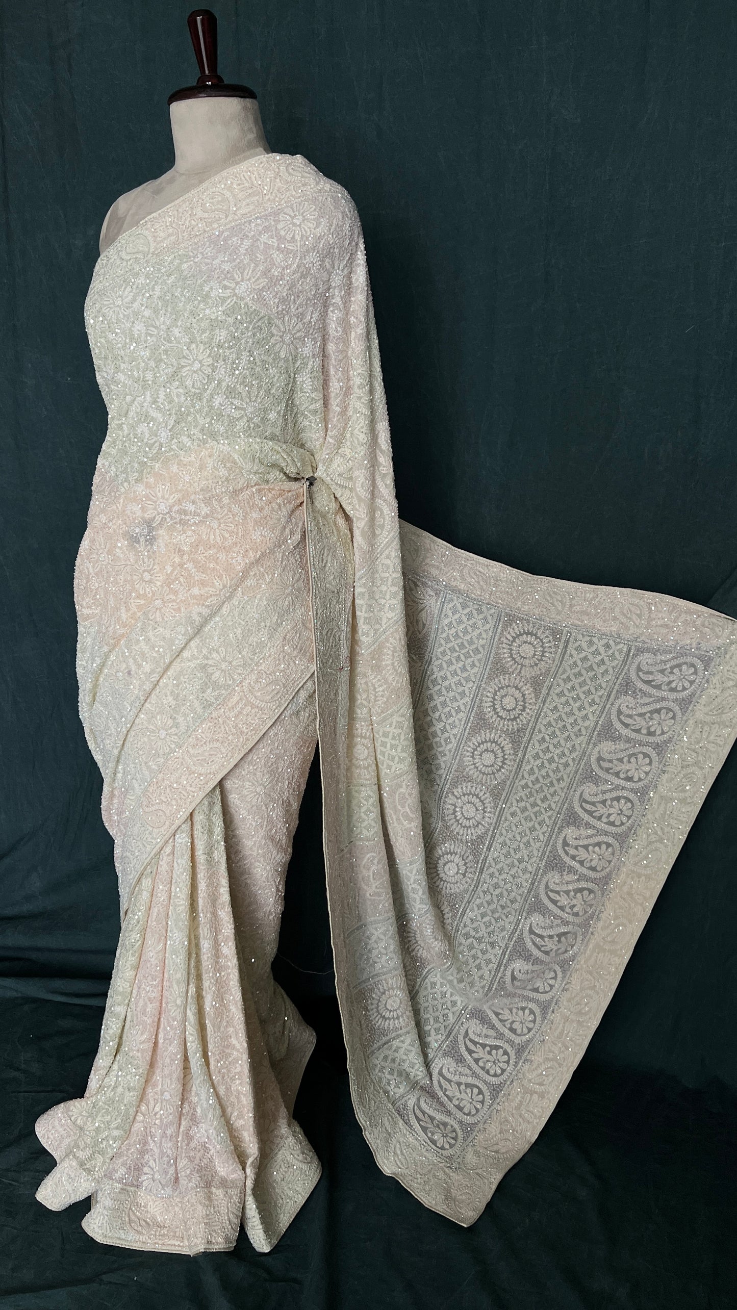 Ruhani Cream Chikankari Multi Cut Dana and Sequins Saree