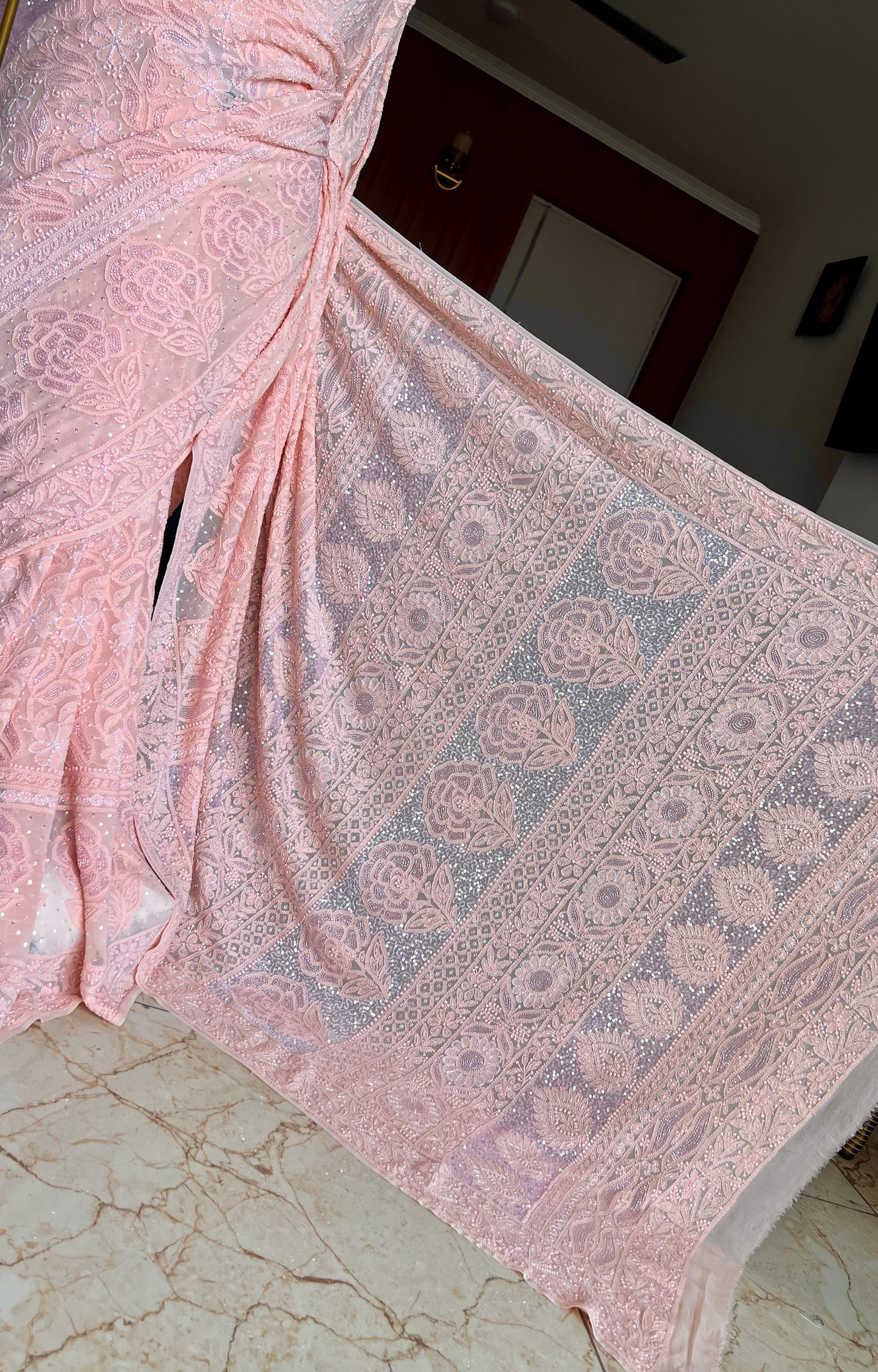 Ruhani Blush Peach Chikankari Cut Dana and Sequins Saree