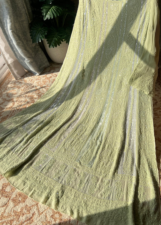 Light Mehndi green Chikankari Cut Dana Sequins Anarkali