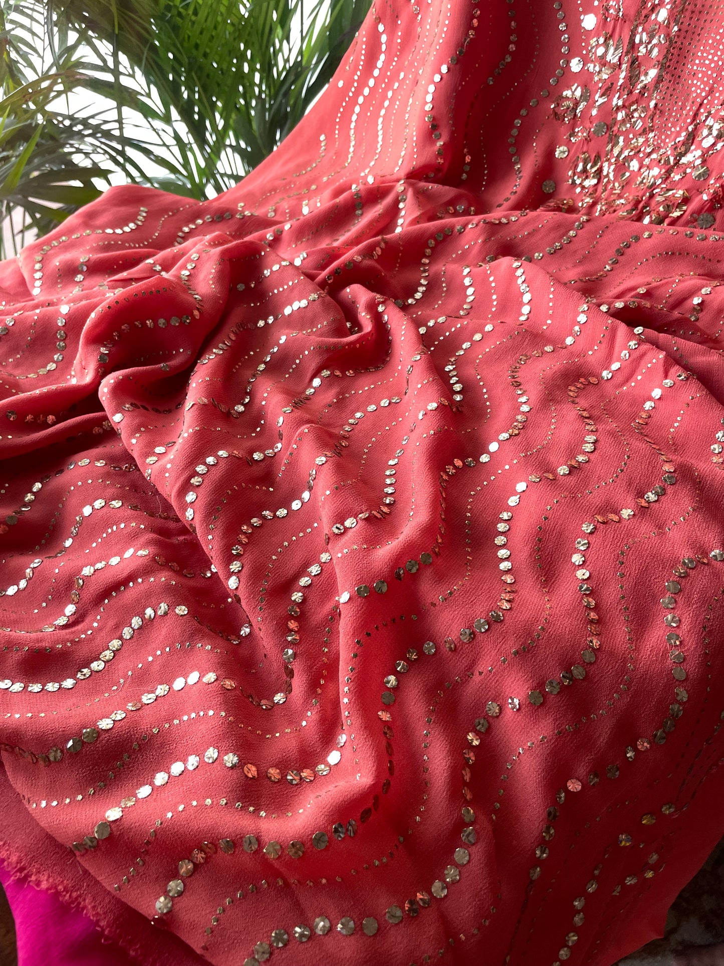 Coral Peach badla and mukaish work Kurta and Dupatta