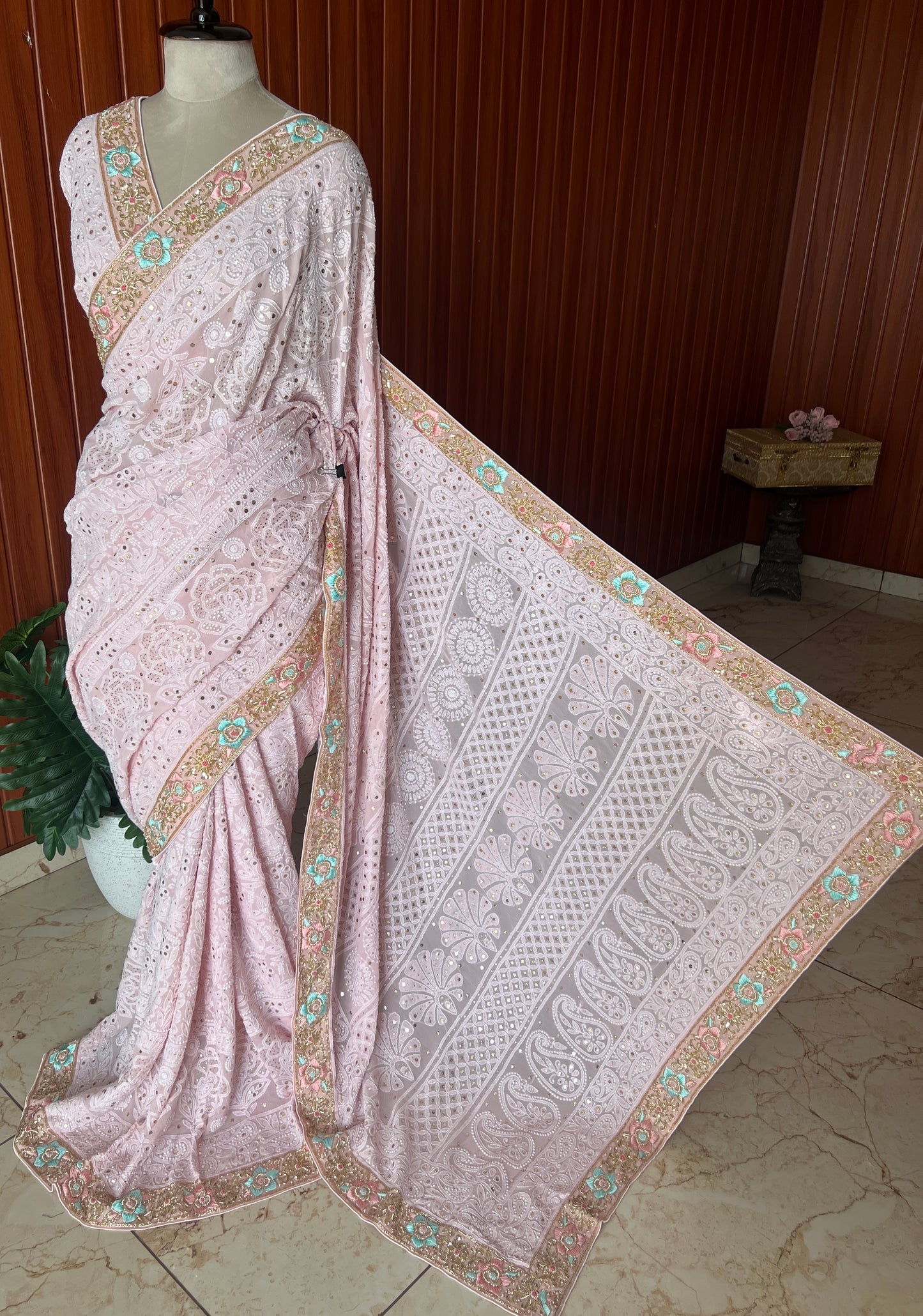 Ruhani Dusty Pink Chikankari and Mukaish Saree with designer border
