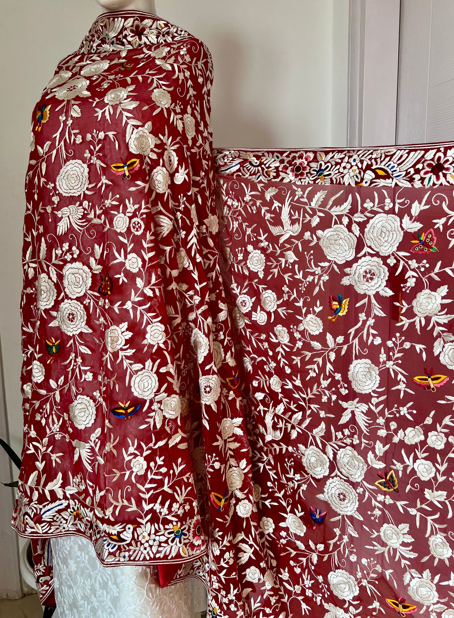 Red masterpiece Parsi Gara Dupatta Hand Embroidered
