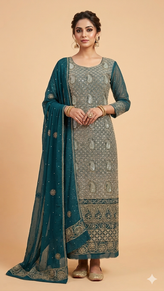 Ruhani Teal Chikankari heavy cut dana sequins kurta and dupatta