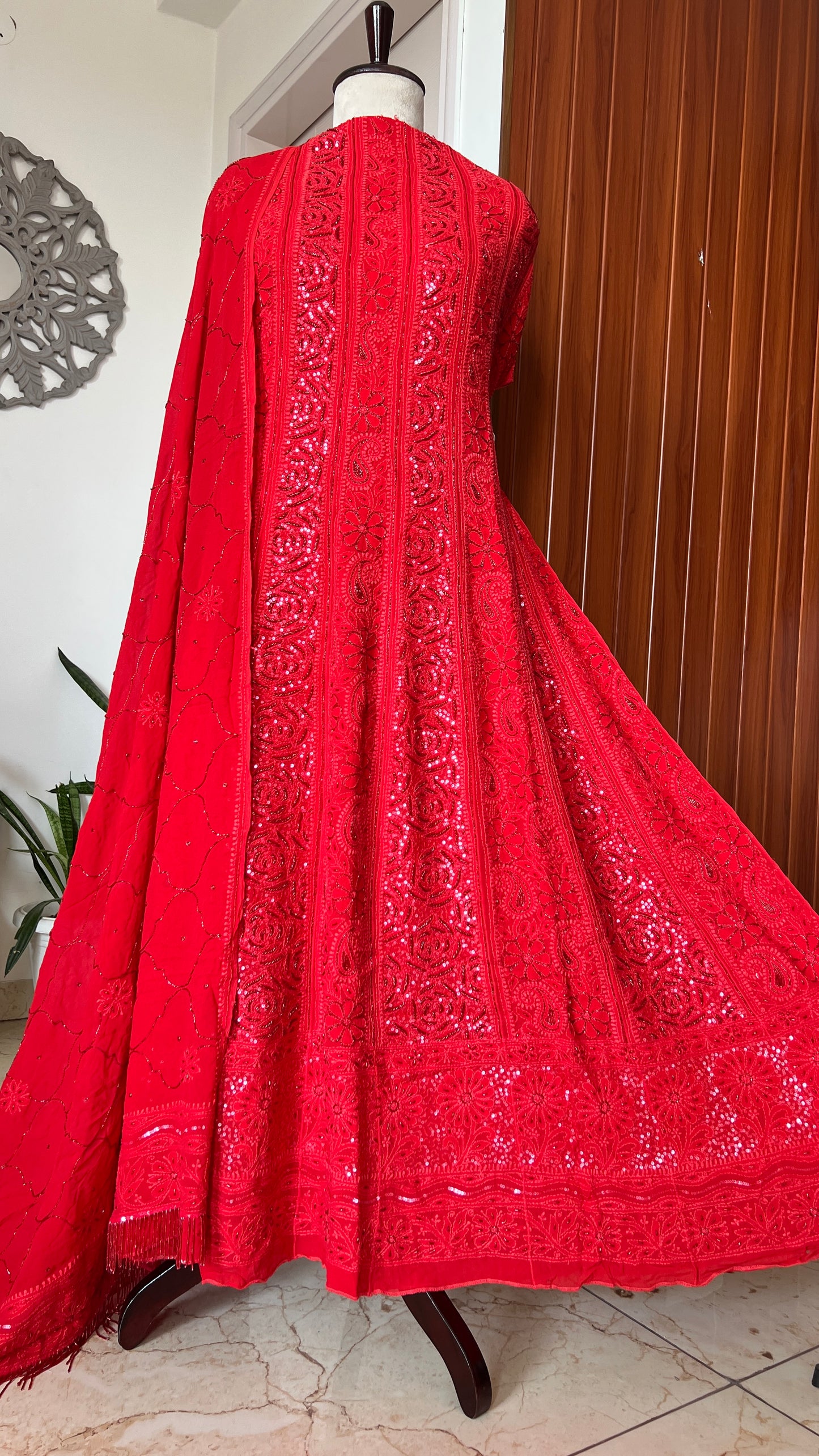 Red Chikankari Sequins and Cut Dana Anarkali