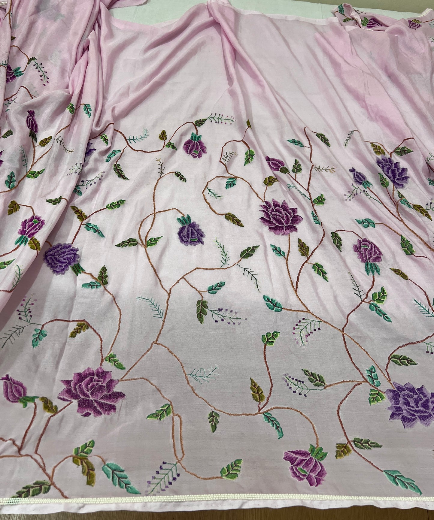Lilac Pink Masterpiece Petit Point Hand Embroidered Saree