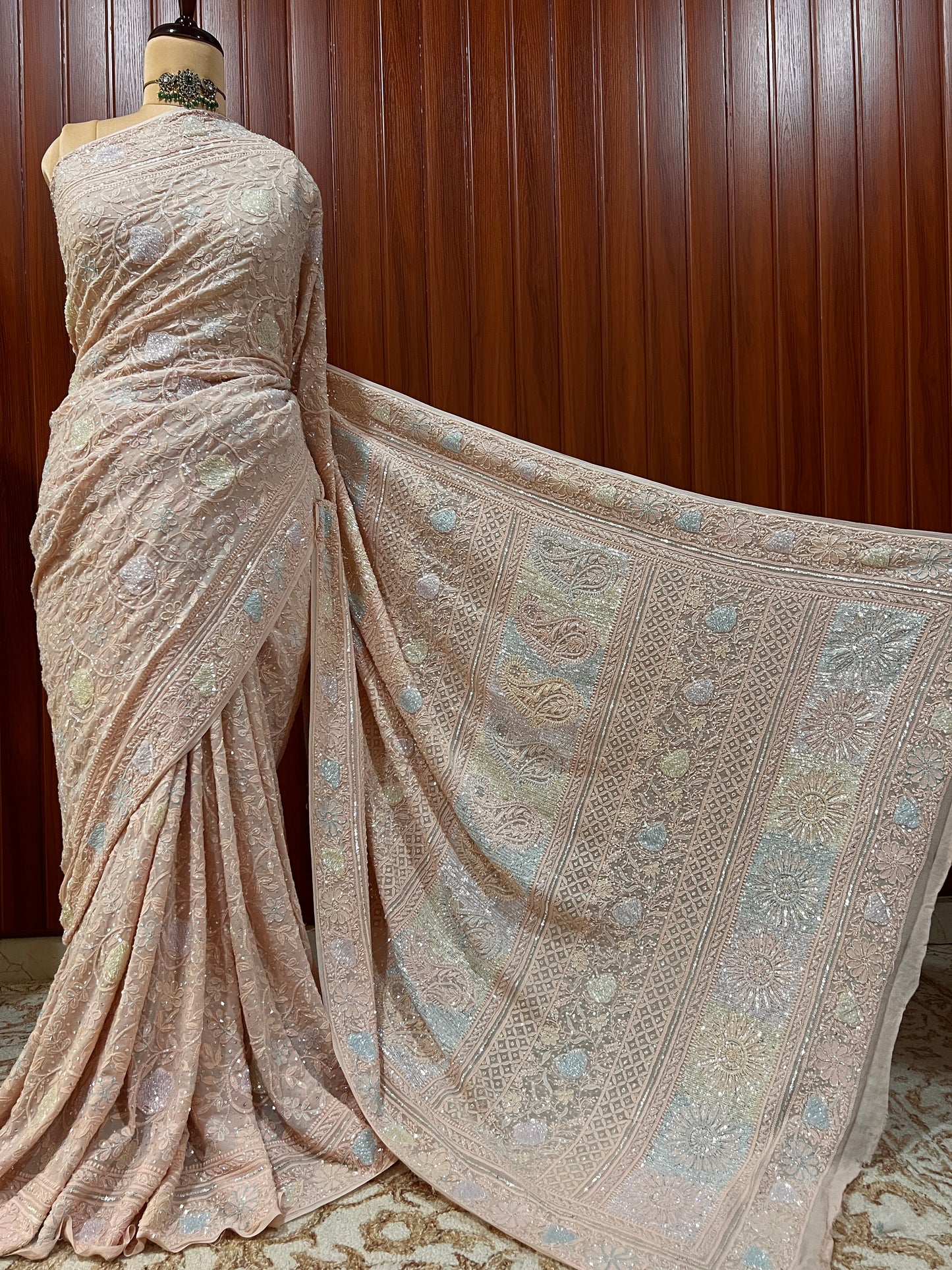 Ruhani Dusty peach Chikankari Multi Cut Dana and Sequins Saree