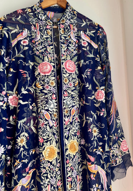 Navy Blue Masterpiece Hand Embroidered Parsi Gara Semi Stitched Jacket