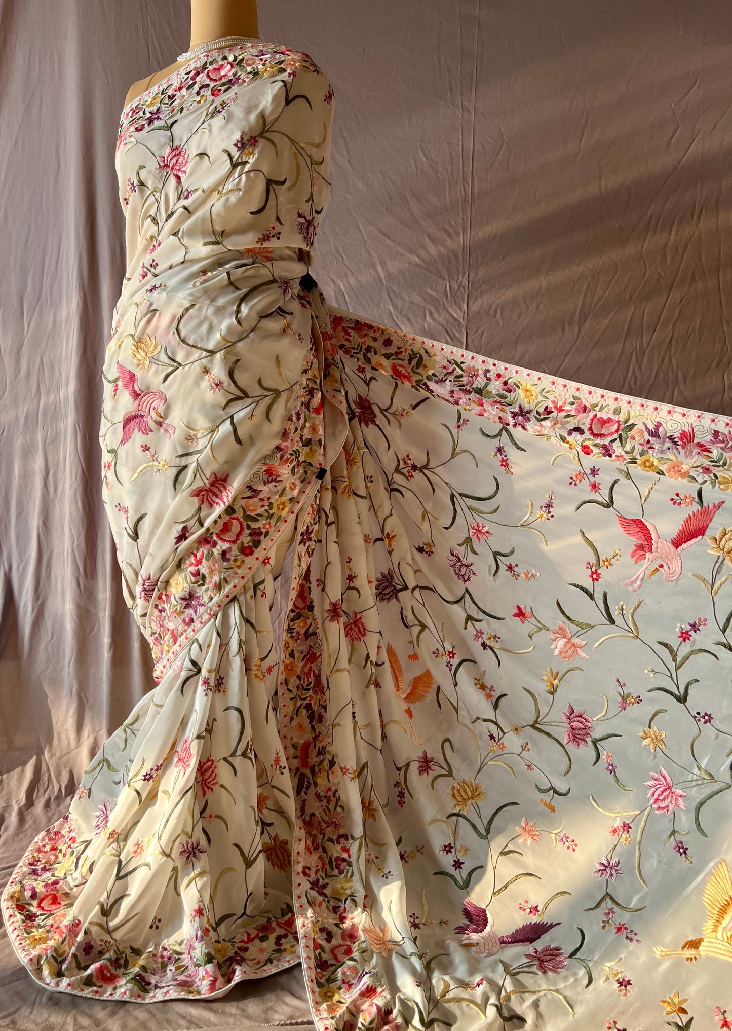 Ivory Parsi Gara Allover Hand Embroidered Saree on Pure Crepe
