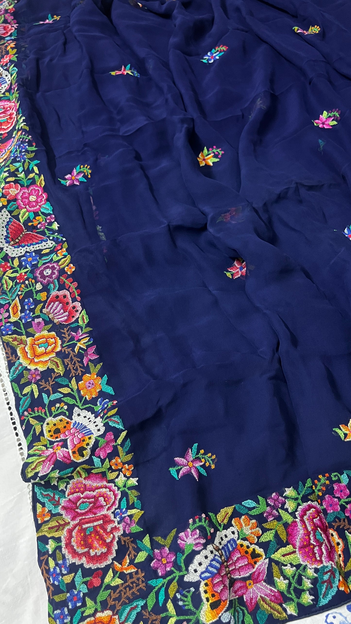 Navy Blue Masterpiece Petit Point Hand Embroidered Saree