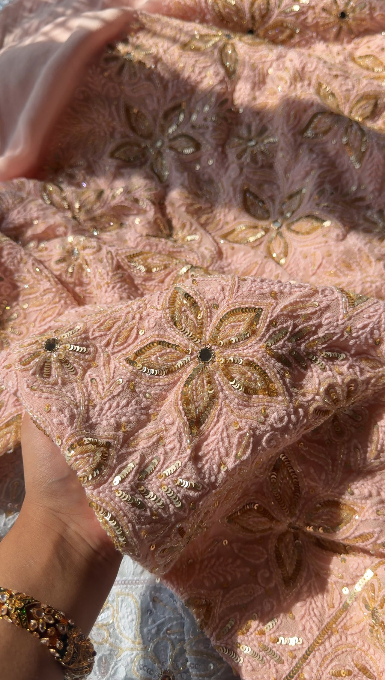 Ruhani Blush Peach Chikankari Sequins Cut Dana Embroidered Masterpiece Saree