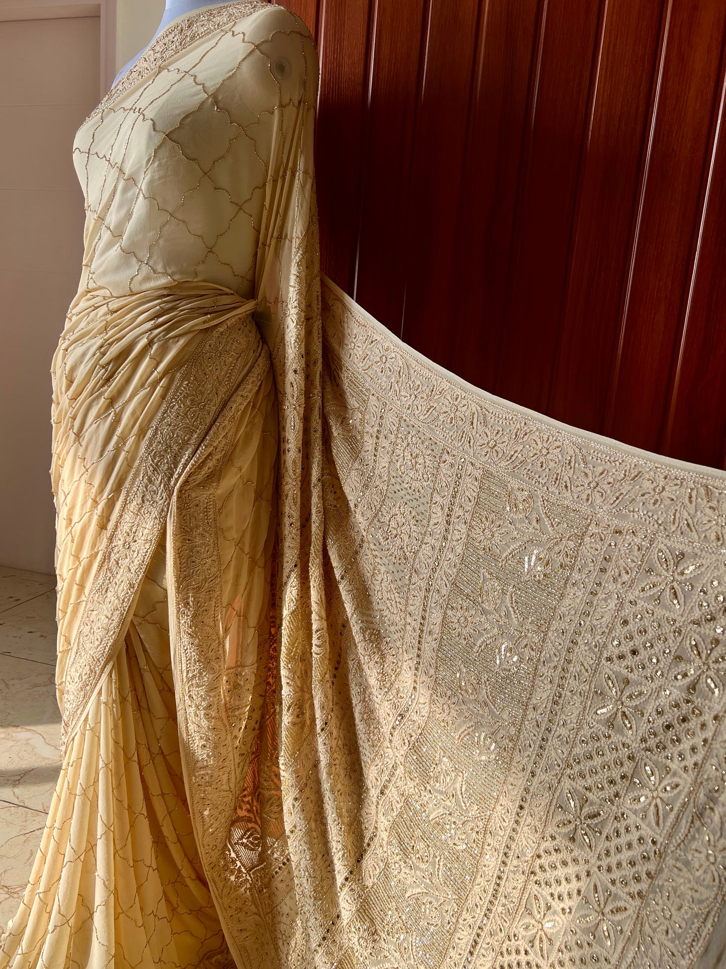 Ruhani Golden Chikankari Cut Dana and sequins Saree