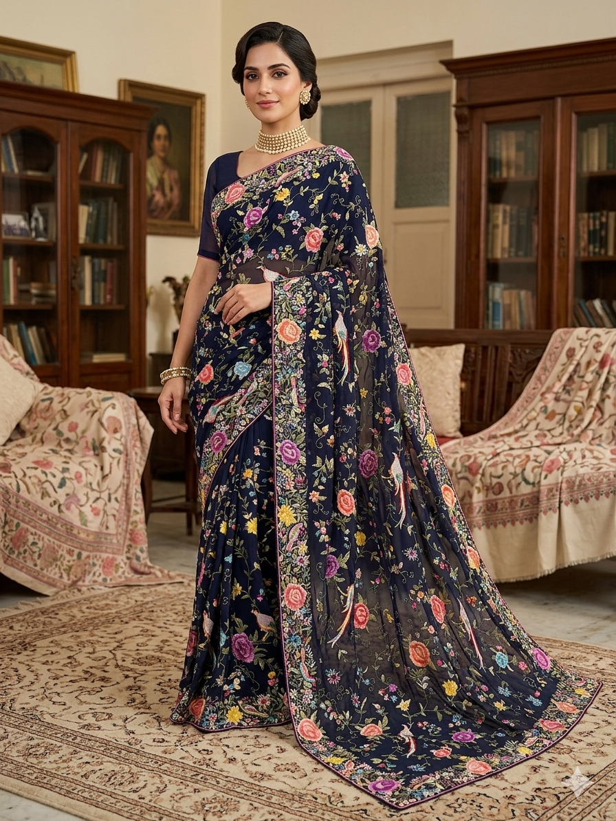 Midnight Blue Masterpiece Parsi Gara Pure Georgette Saree