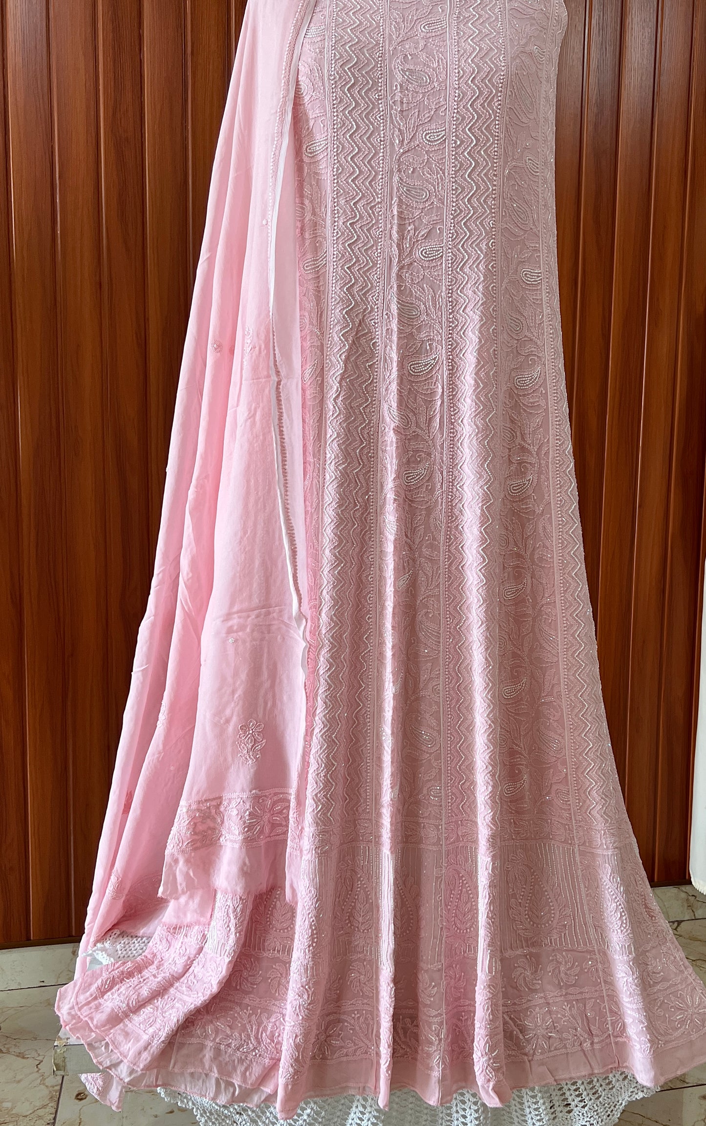 Peachy pink Chikankari Cut Dana and pearl Anarkali with Dupatta