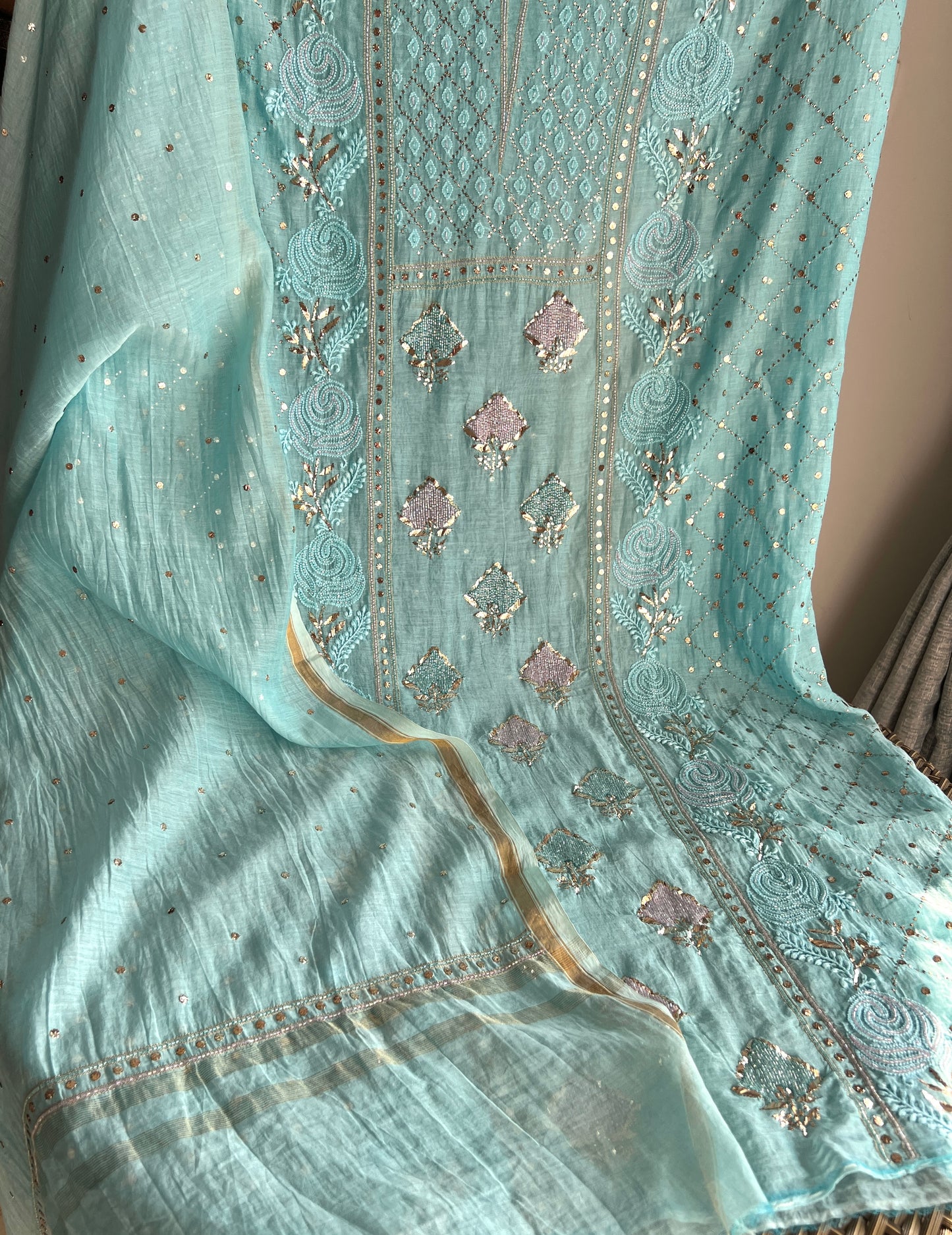 Firozi mukaish and Cut Dana Kurta and Dupatta