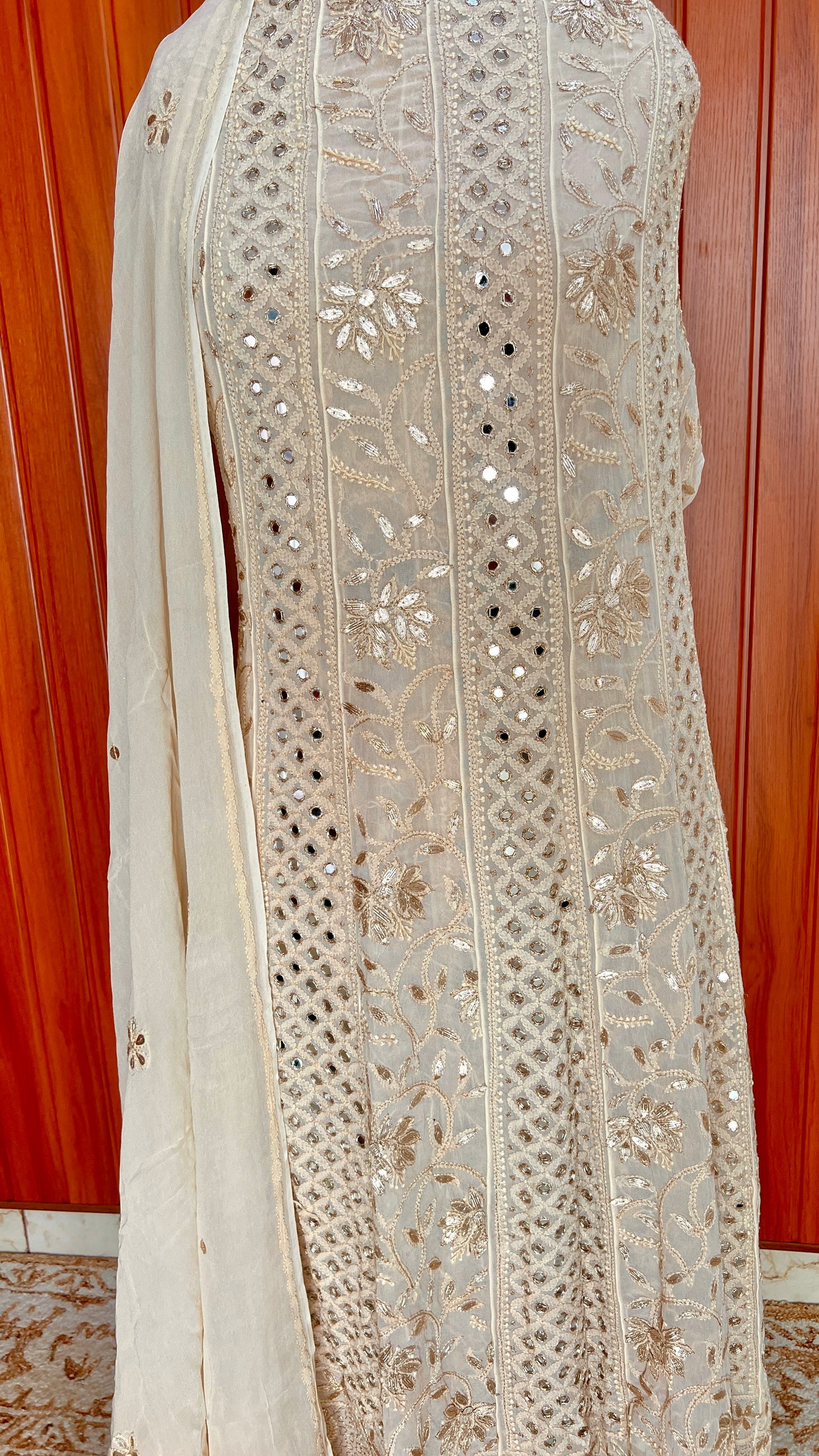 Champagne Chikankari Mirror Gota Patti Anarkali with Dupatta