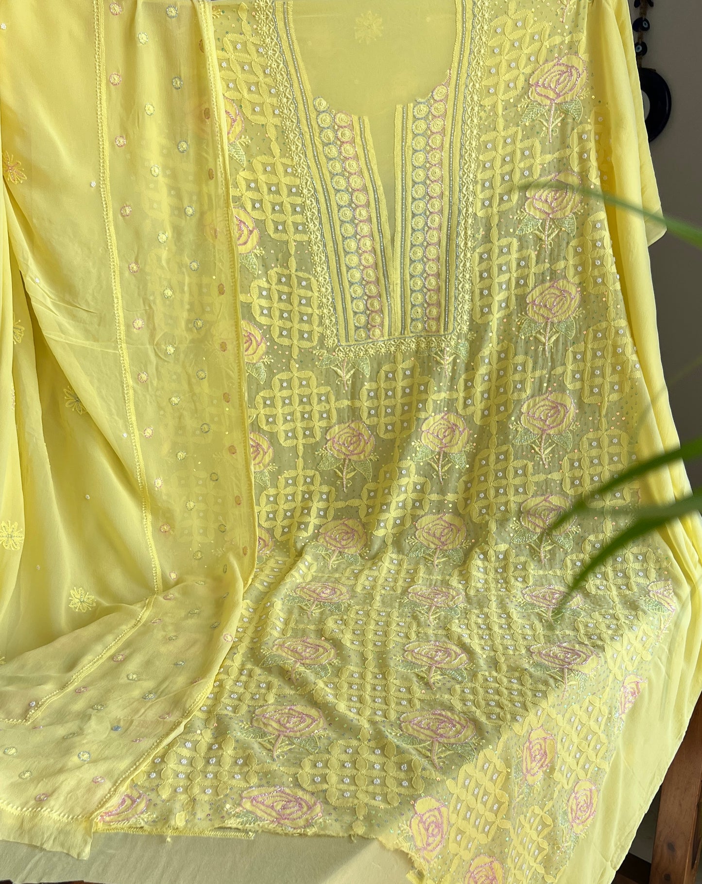 Ruhani Bright Yellow Chikankari pearl cut dana Kurta and Dupatta