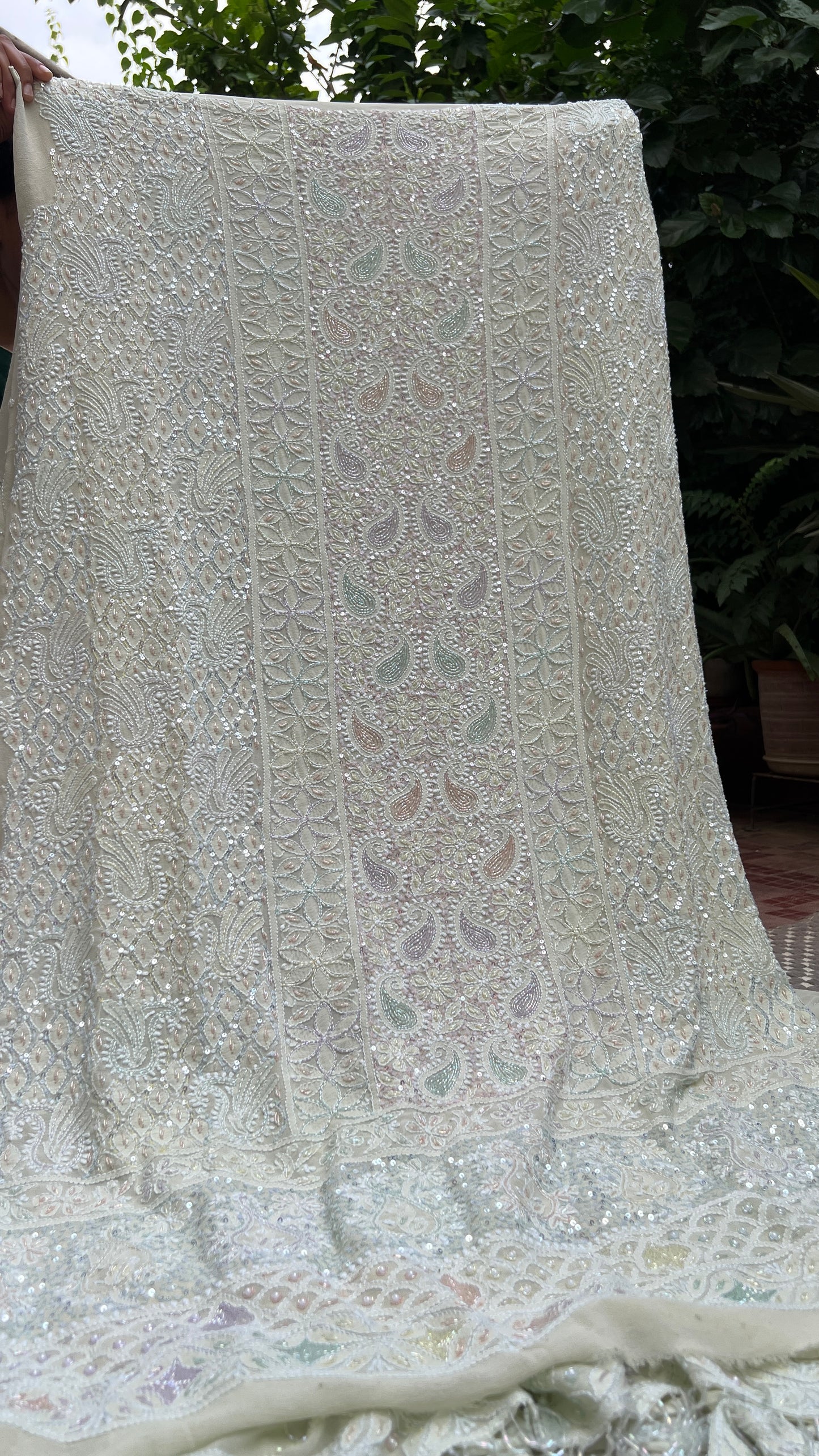 Pastel pista green multi cut dana sequins kurta and dupatta