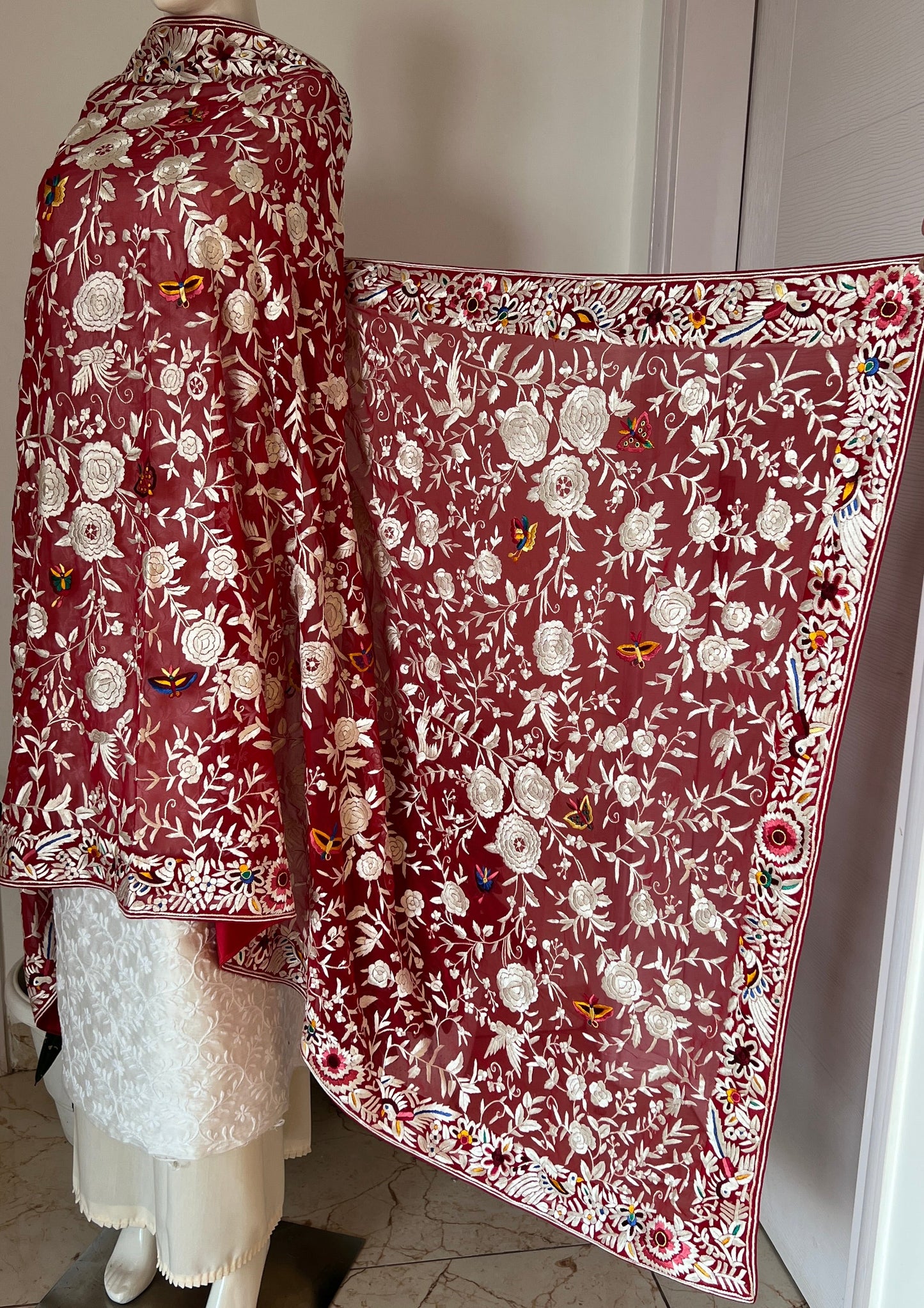 Red masterpiece Parsi Gara Dupatta Hand Embroidered