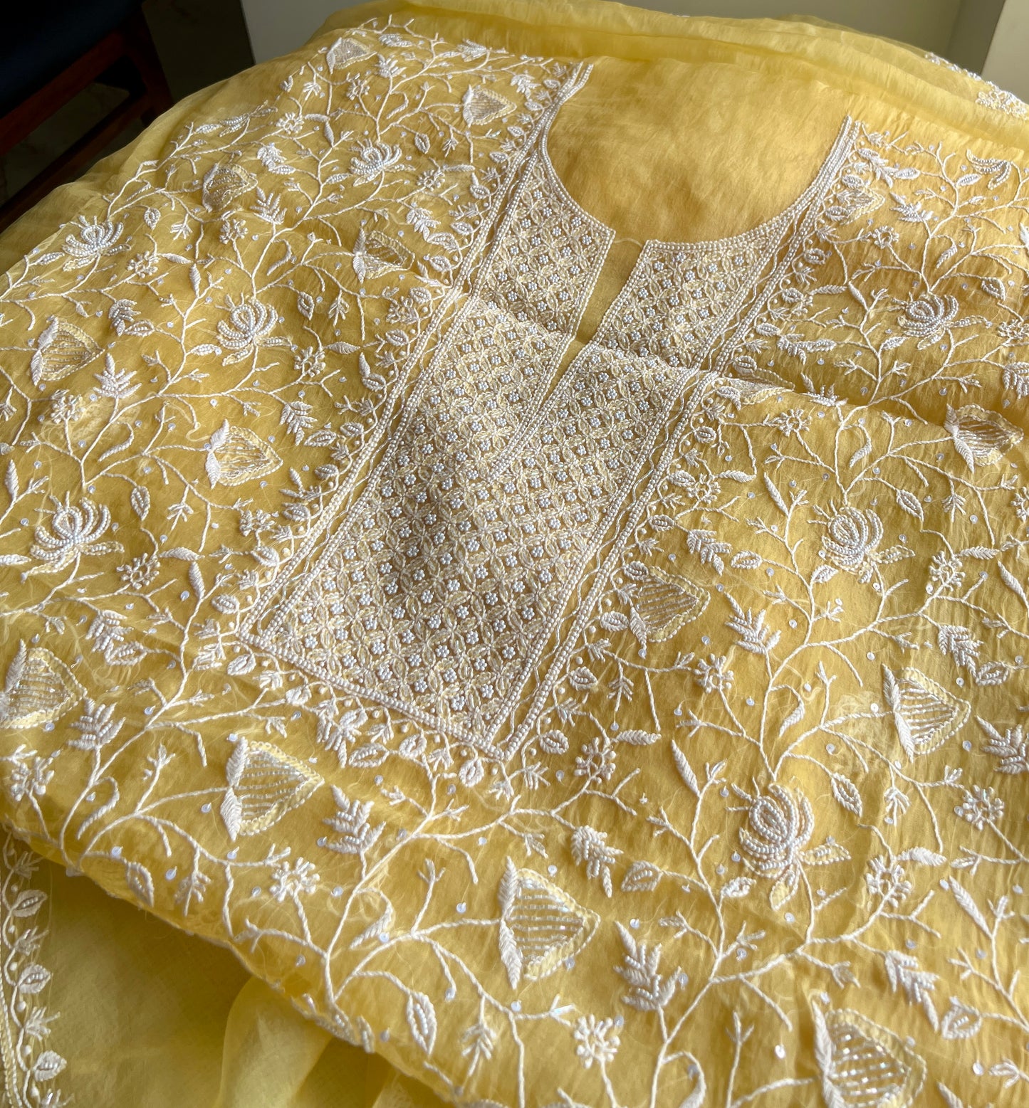 Yellow chikankari pearl cut Dana work pure Organza kurta with dupatta